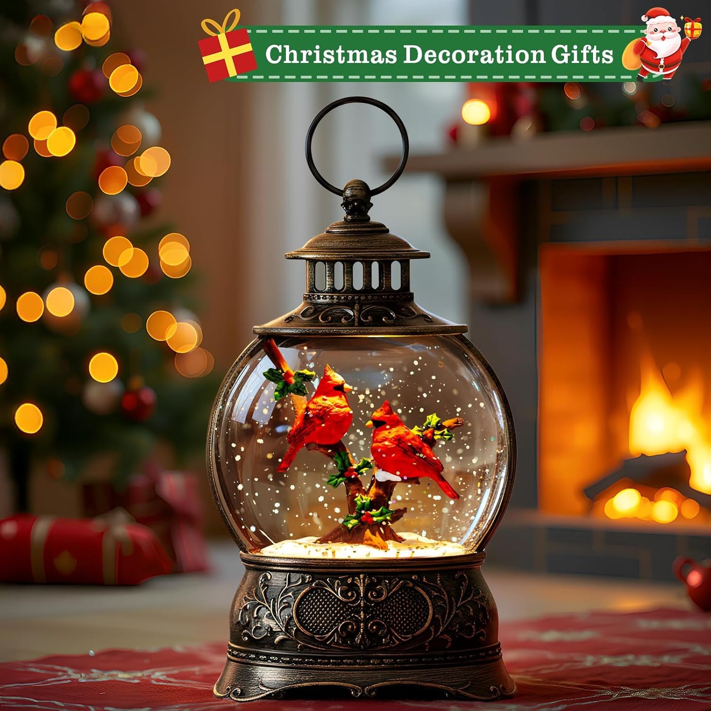 Cardinal Christmas Snow Globe Lantern Water Glittering Christmas Tree with Red Truck, USB Lined and Battery Operated Lighted Lantern for Christmas Festival Decoration Gifts