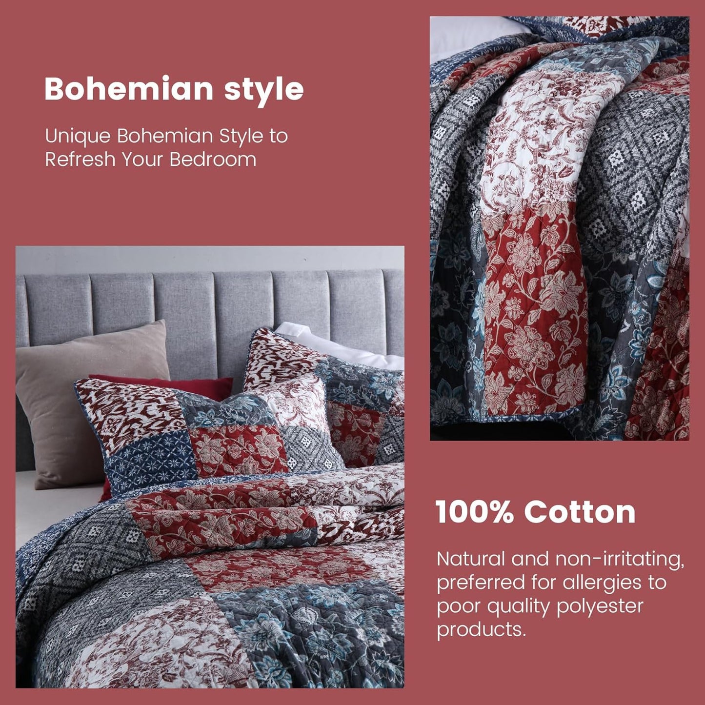 Secgo Queen Comforter Set for Bed - 100% Cotton Quilts Queen Size, Burgundy Bedspreads (90 * 98 Inch) with 2 Pillow Shams, Patchwork Reversible Lightweight Bedding
