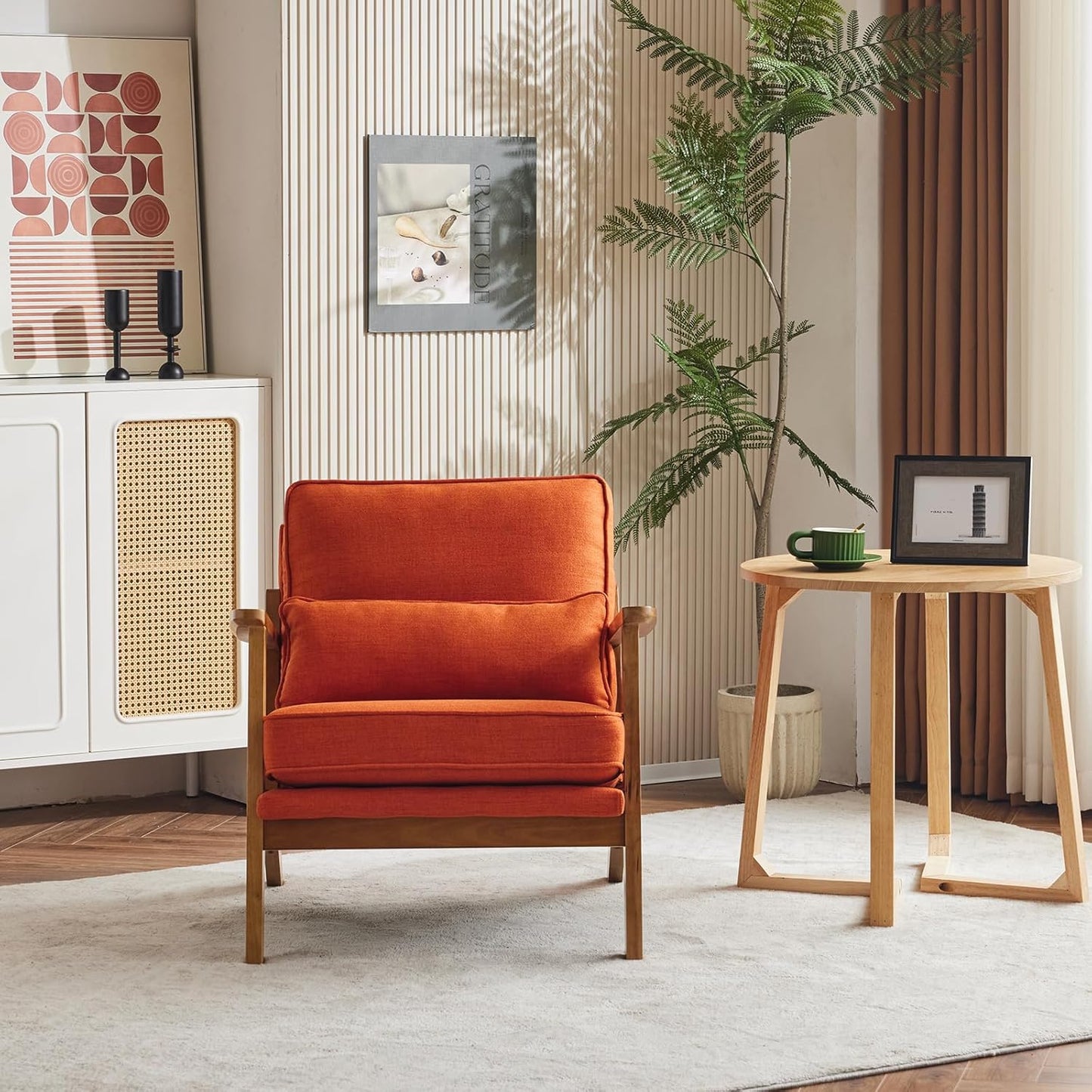 Karl home Accent Chair Wide Armrest Mid-Century Lounge Chair Linen Fabric Armchair with Lumbar Pillow & Solid Wood Frame for Living Room, Bedroom, Balcony, Burnt Orange