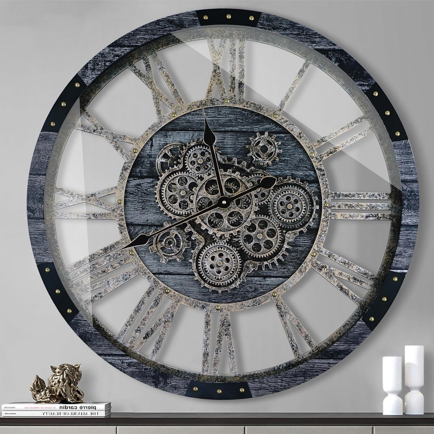24 Inch Industrial Steampunk Wall Clock, Oversized Solid Wood Frame, Battery Operated, Large Wall Clock with Real Rotating Gears, Gray