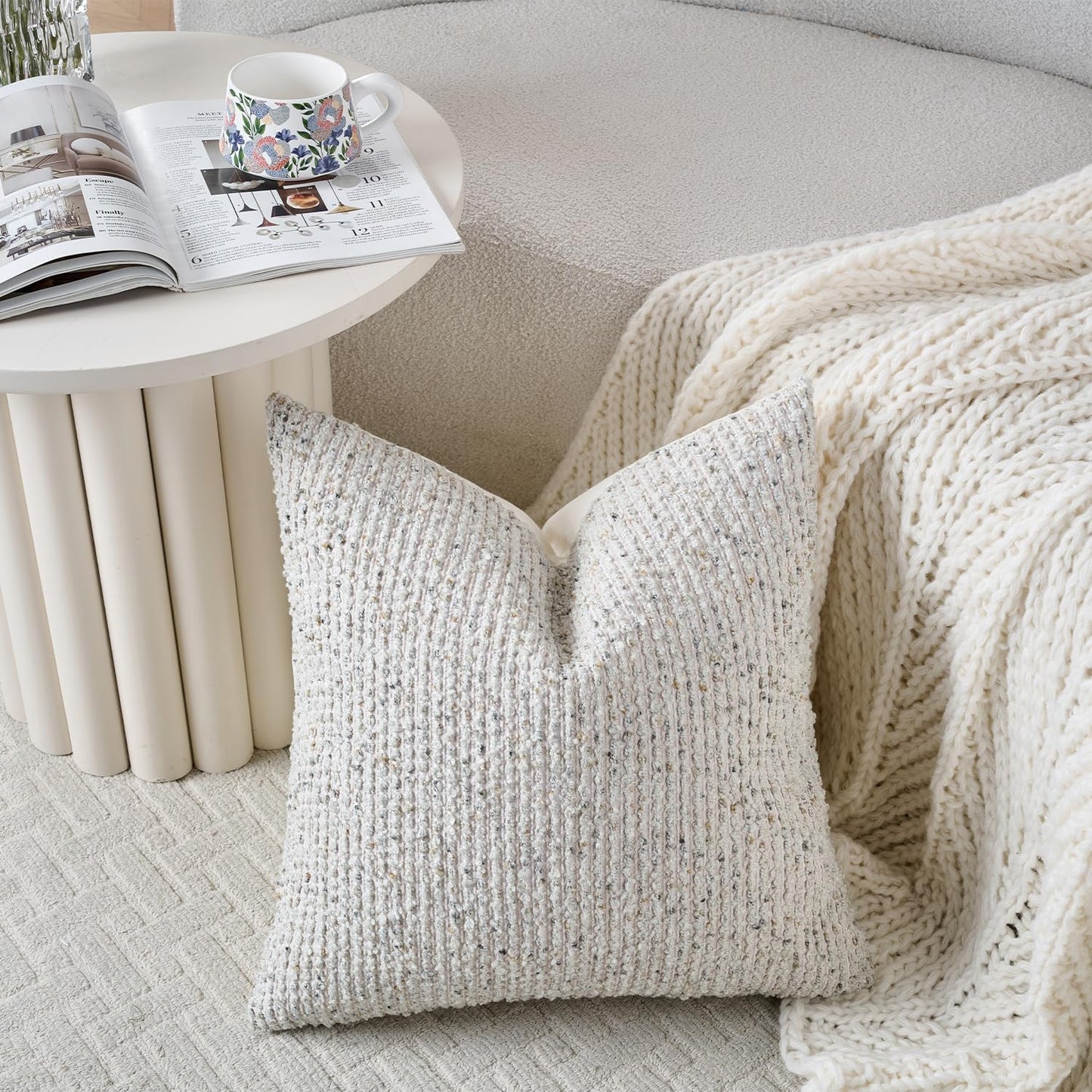 Striped Throw Pillow Covers 18x18 Set of 2 Cream Grey Textured Boucle Chic Morden Boho Accent Farmhouse Square Decorative Couch Pillow Covers for Home Decor Bed Sofa Living Room