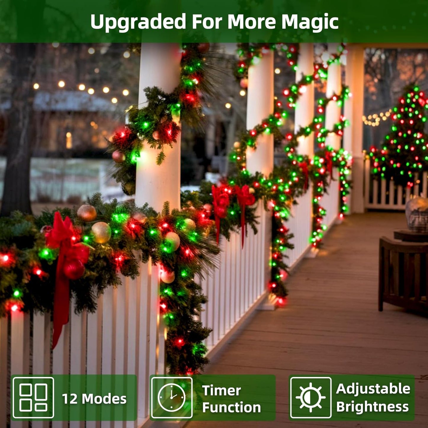 300LED Christmas Lights Outdoor Indoor Use, 12 Lighting Modes 75ft Christmas Tree Lights with Timer, Dimmable Red & Green LED StringLights Waterproof for Yard Tree Wedding Party Holiday Red & Green
