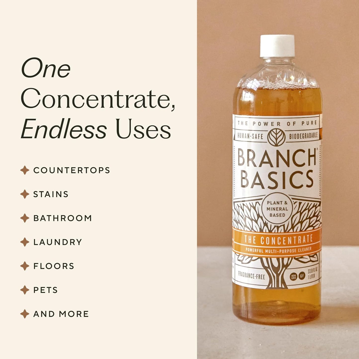 Branch Basics Cleaning Essentials Kit in Glass: All Purpose Cleaner and Bathroom Cleaner - Concentrate (33.8 Oz) + Glass Spray Bottles for Cleaning (16 Oz) Fragrance-Free