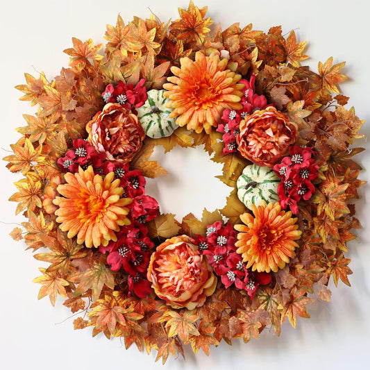 26" Fall Wreath for Front Door - Large Artificial Maple Leaves Fake Silk Peony Faux Pumpkin Outdoor Wreath for Porch, Window,Farmhouse,Home,Thanksgiving Day Harvest Festival Autumn Decor