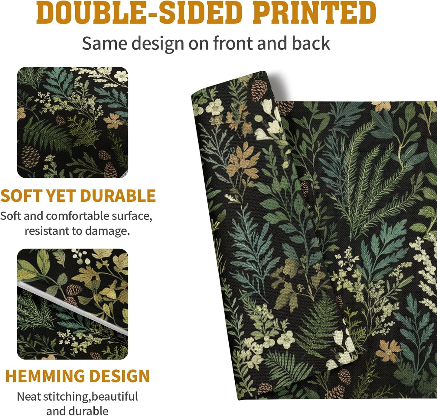 Black Sage Green Plant Placemats Set of 4 Vintage Botanic Fern Leaves Herb Floral Place Mats Rustic Farmhouse Linen Fabric Table Mats for Party Kitchen Dining Outdoor Indoor Decor