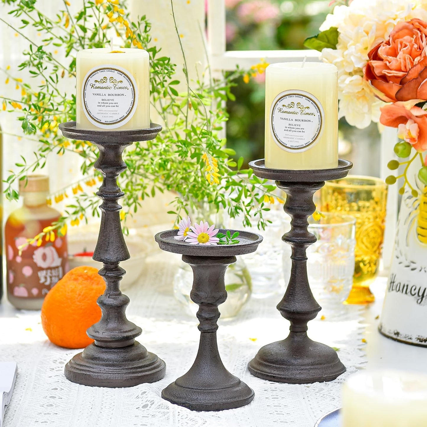 Sungmor Rustic Cast Iron Pillar Candle Holder, 9.6" Tall Vintage Candlestick Holders, Table Centerpiece Metal Candle Holder, Farmhouse Candle Stand for Fireplace Shelf Home Decor