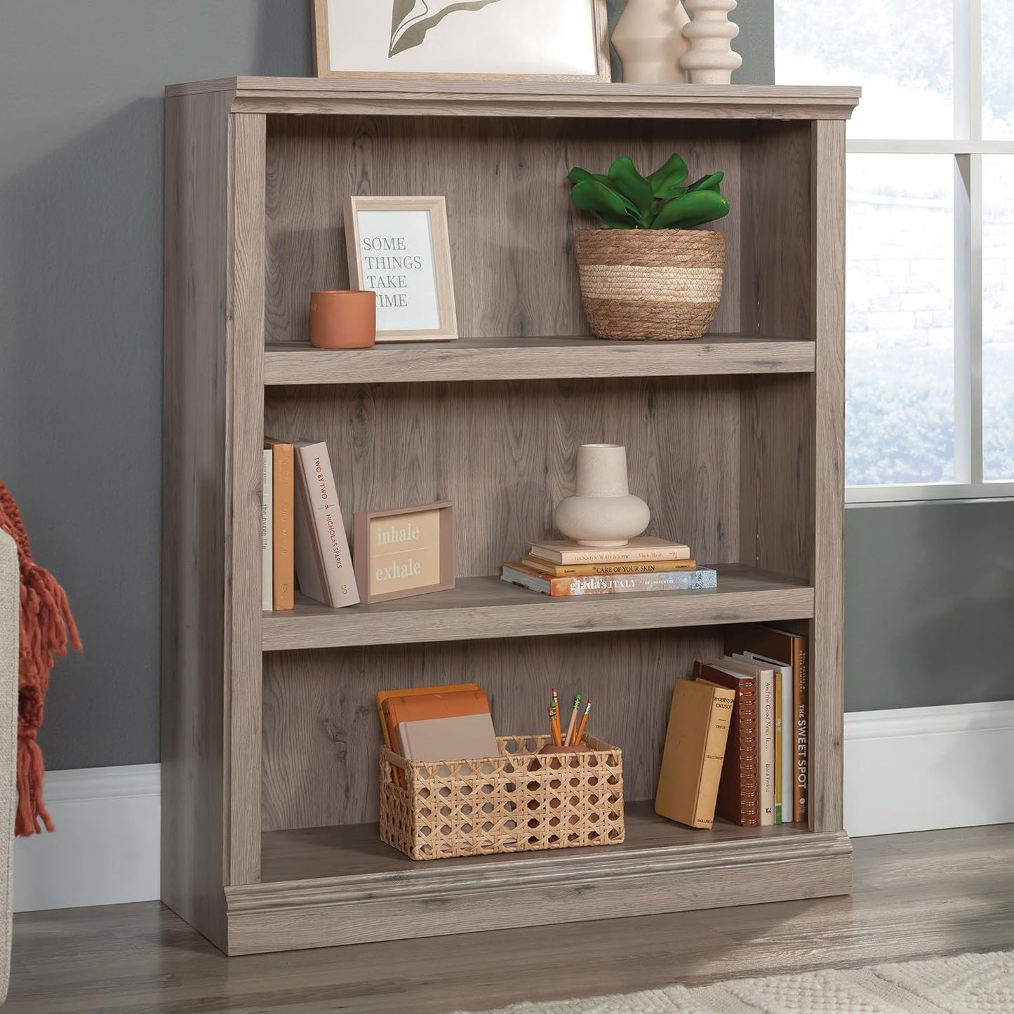 Sauder 3 Tier Book Shelf Wooden Bookcase Multipurpose Bookshelf for Home Office, Living Room, in Laurel Oak