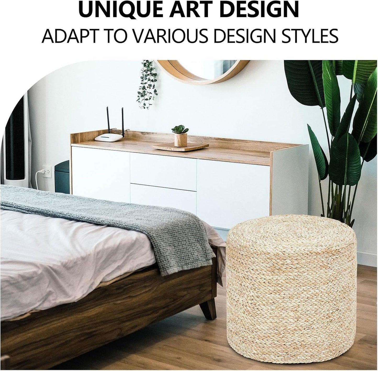 Wimarsbon 18'' Ottoman Pouf, Natural Braided Poof, Rustic Handweave Lounge Pouffe, Boho Footrest Stool for Bedroom, Accent Table or Seat for Living Room (Natural Corn Husk)