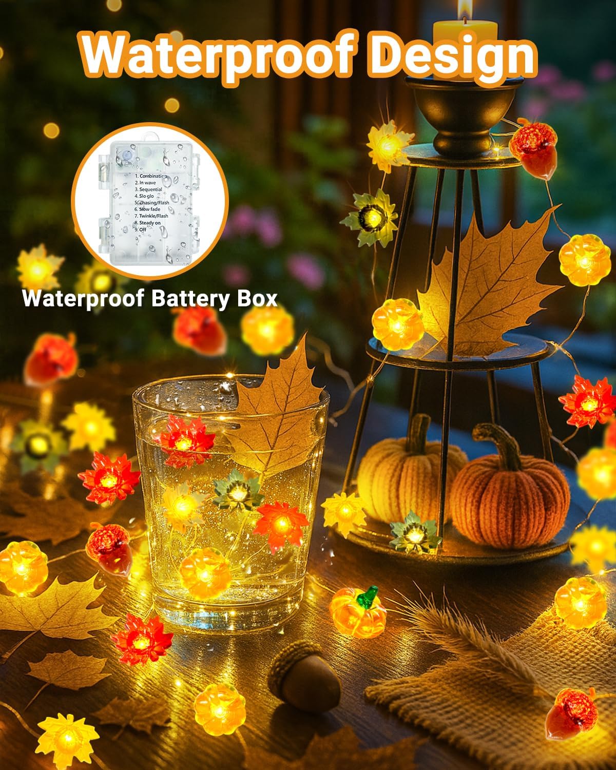 btfarm Fall Decor 16.4FT 50 LED 3D Pumpkin Maple Leaf Acorn Fairy String Lights Battery Operated with Remote Timer, Thanksgiving Decorations Waterproof for Home Autumn Harvest Halloween Party