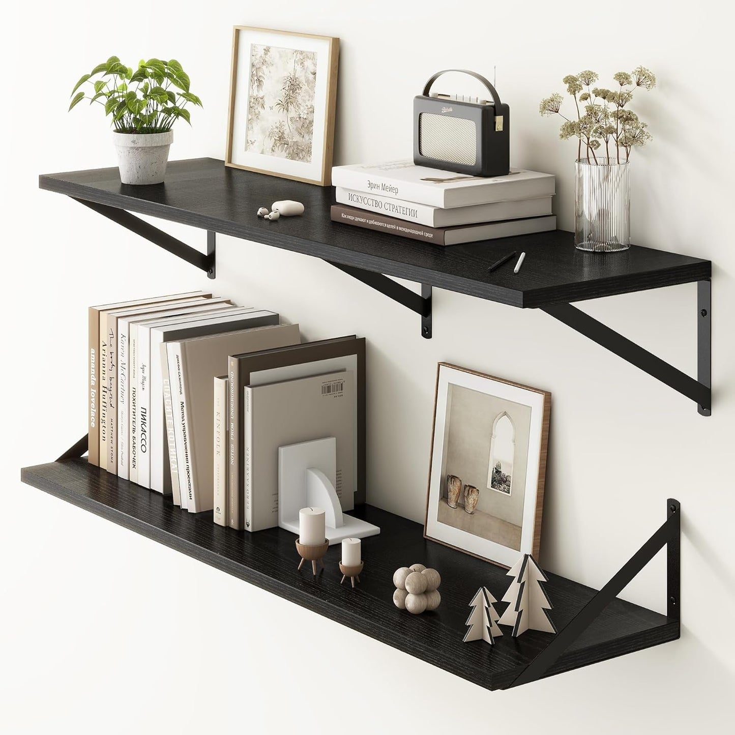 Fun Memories 40 Inch Floating Shelves, 10 Inch Deep Wall Shelf, 40 x 10 Floating Shelf Set of 2, Black Wood Floating Shelf Wall Mounted, Large Kitchen Living Room Bedroom Storage Shelves