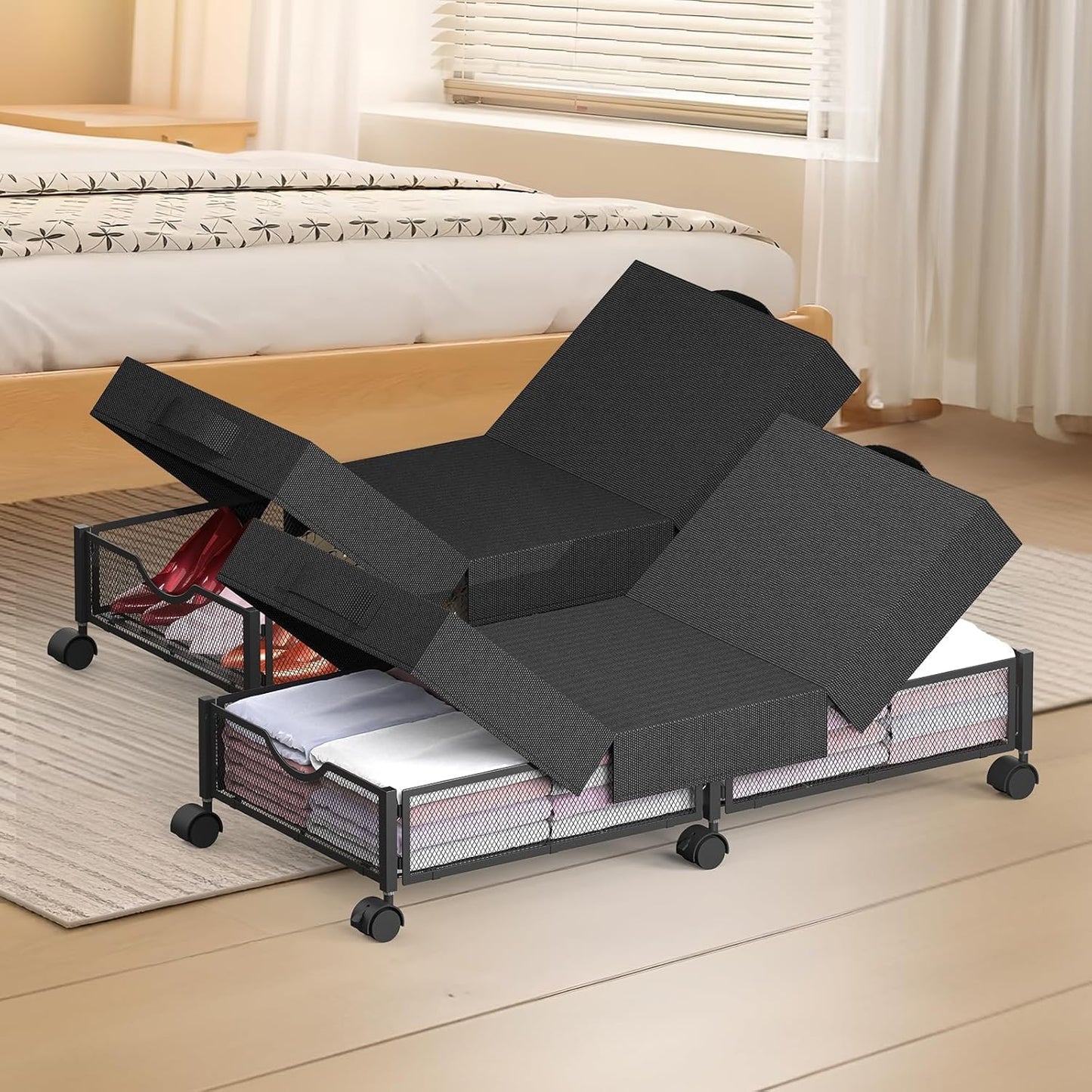 2 Pack Under Bed Storage with Wheels, 36" Lengthen Underbed Storage Containers with Lids, Large Capacity Under Bed Shoe Storage, Metal Clothes Organizer, Storage Box for Clothing Shoes Blankets Sheet