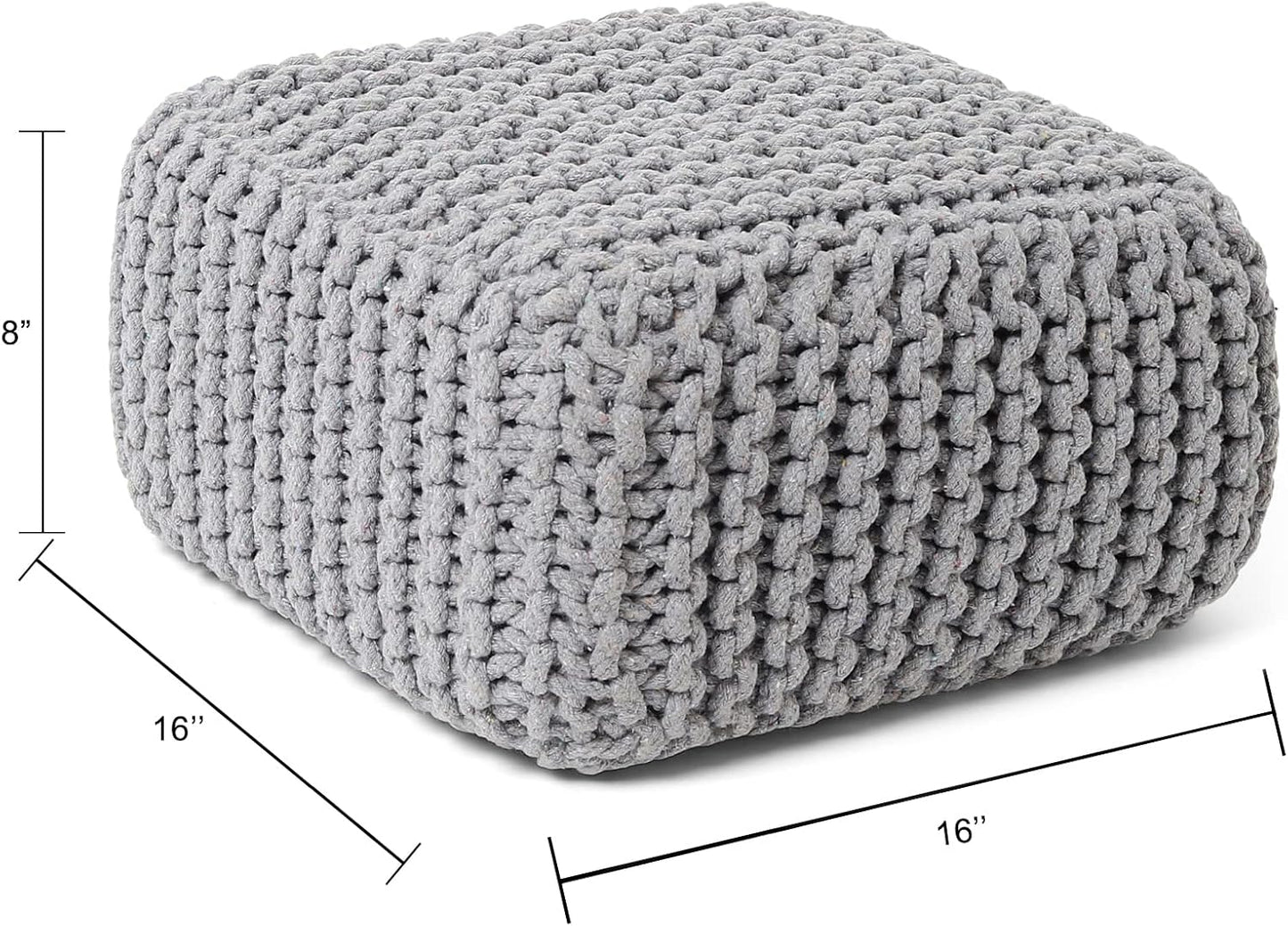 REDEARTH · Cube Low Pouf Foot Stool Ottoman - Hand Knitted Poof - Cord Boho Pouffe - Home Décor - Stuffed Footrest for Living Room - Nursery - Bedroom - Patio (16" x 16" x 8") - Light Gray