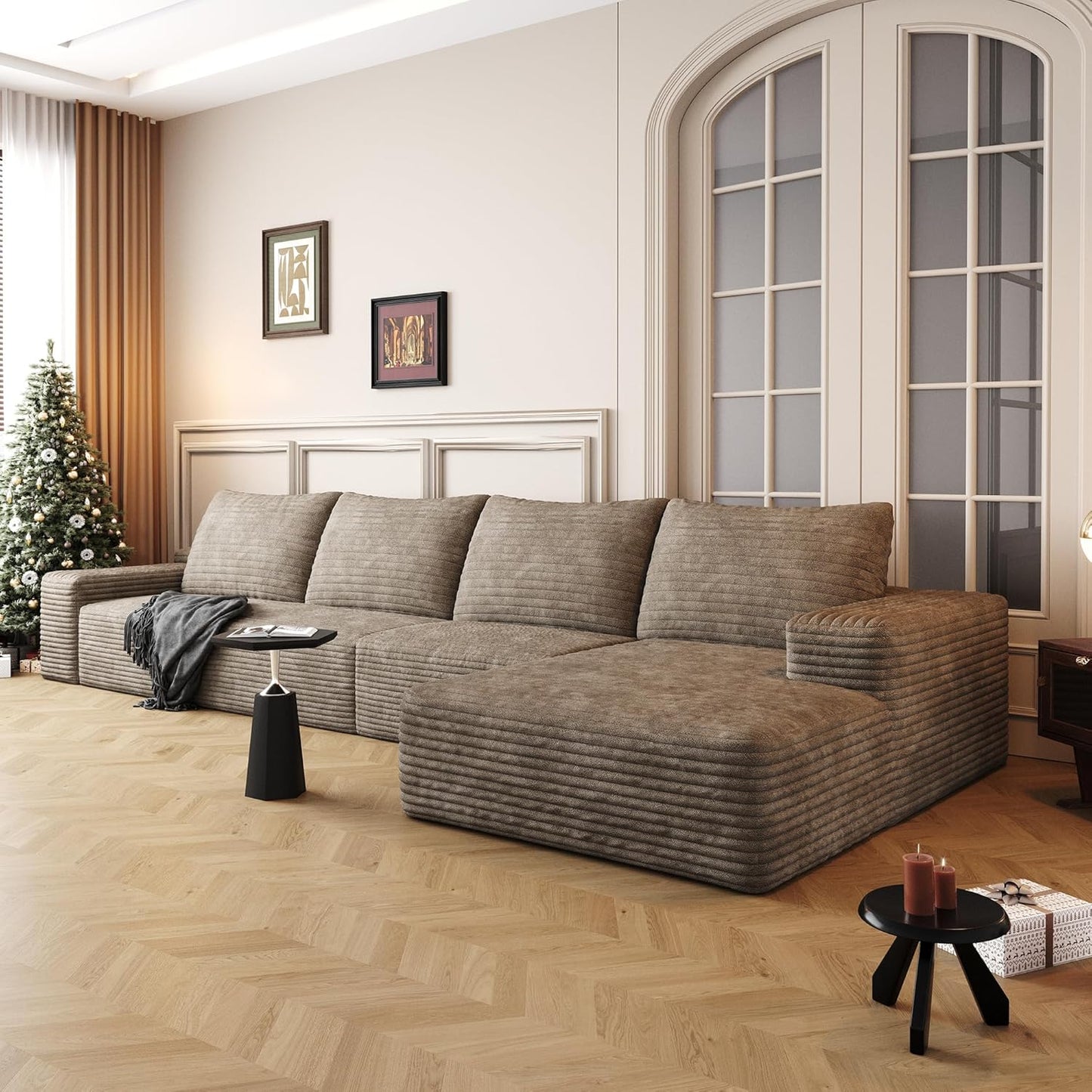 136" Sectional Couches for Living Room Modern Modular Sofa with L-Shape Couchs Upholstered Boneless Couch Deep Seat Sectional Couch with Chaise (Camel, Right Facing Chaise+3Seaters)