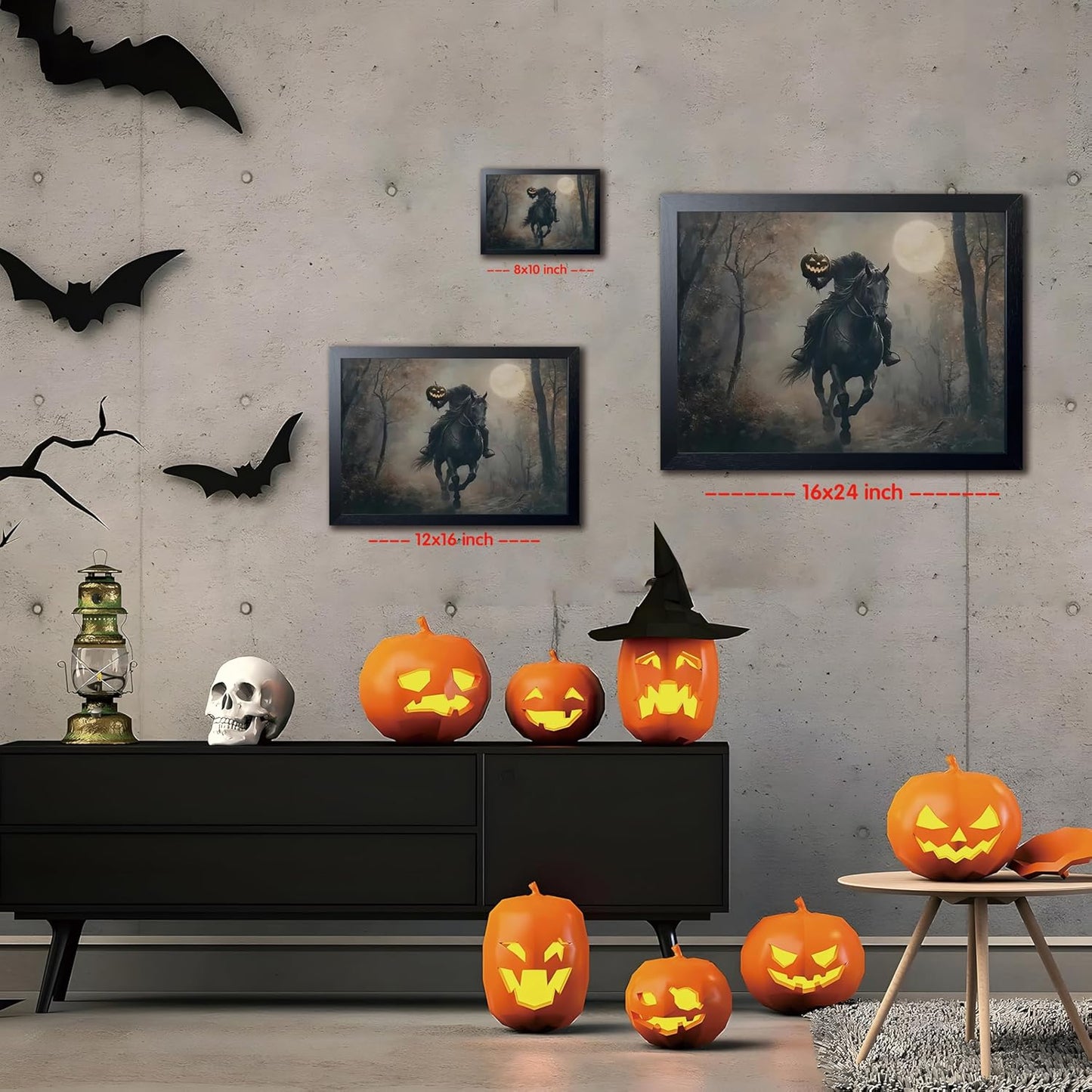 Black Wood Framed Halloween Canvas Wall Art Painting, Headless knight holding a pumpkin lantern Wall Decor, Vintage Dark Academia Gothic Poster Print, for Living Room Bedroom Office Decor 12x16 Inch