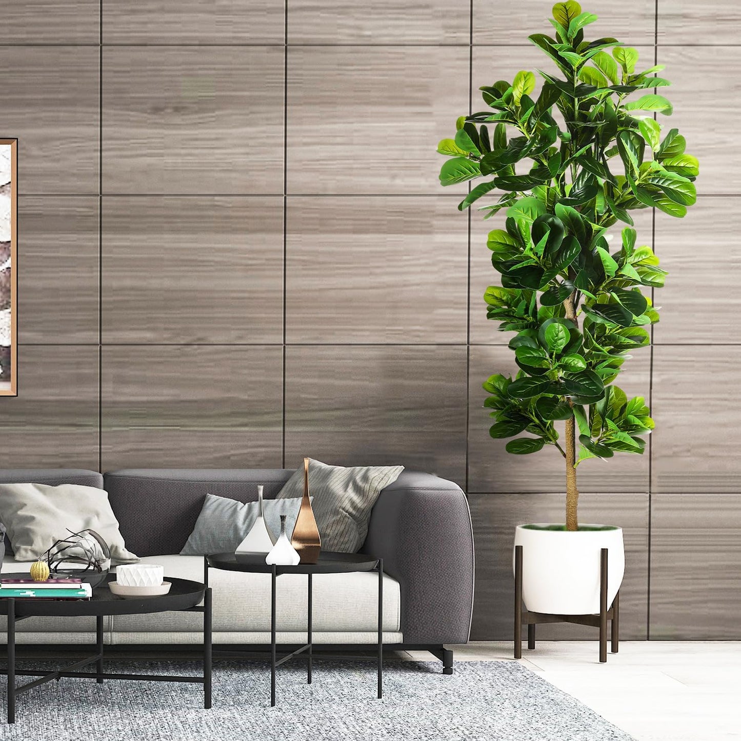 7.3ft Artificial Fiddle Leaf Fig Tree (87in) with Plastic Nursery Pot Faux Tree, Ficus Lyrata Fake Plant for Office House Farmhouse Living Room Home Decor (Indoor/Outdoor)