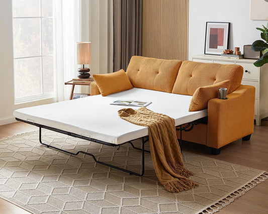 Pull Out Sofa Bed, Full Size Sleeper Sofa, 2-in-1 Convertible Corduroy Couch with USB Charging, Memory Form Couch for Living Room, Apartment and Small Space (Mustard Yellow, Corduroy - Queen Size)