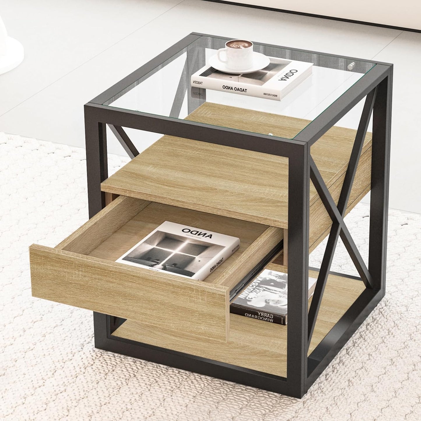 Farmhouse End Table, Modern Side Table with Drawer&3-Tier Storage Shelf, Square Rustic Nightstand, Accent Tea Table, for Bedroom Office Living Room, Brown, Natural Wood, Glass, Metal