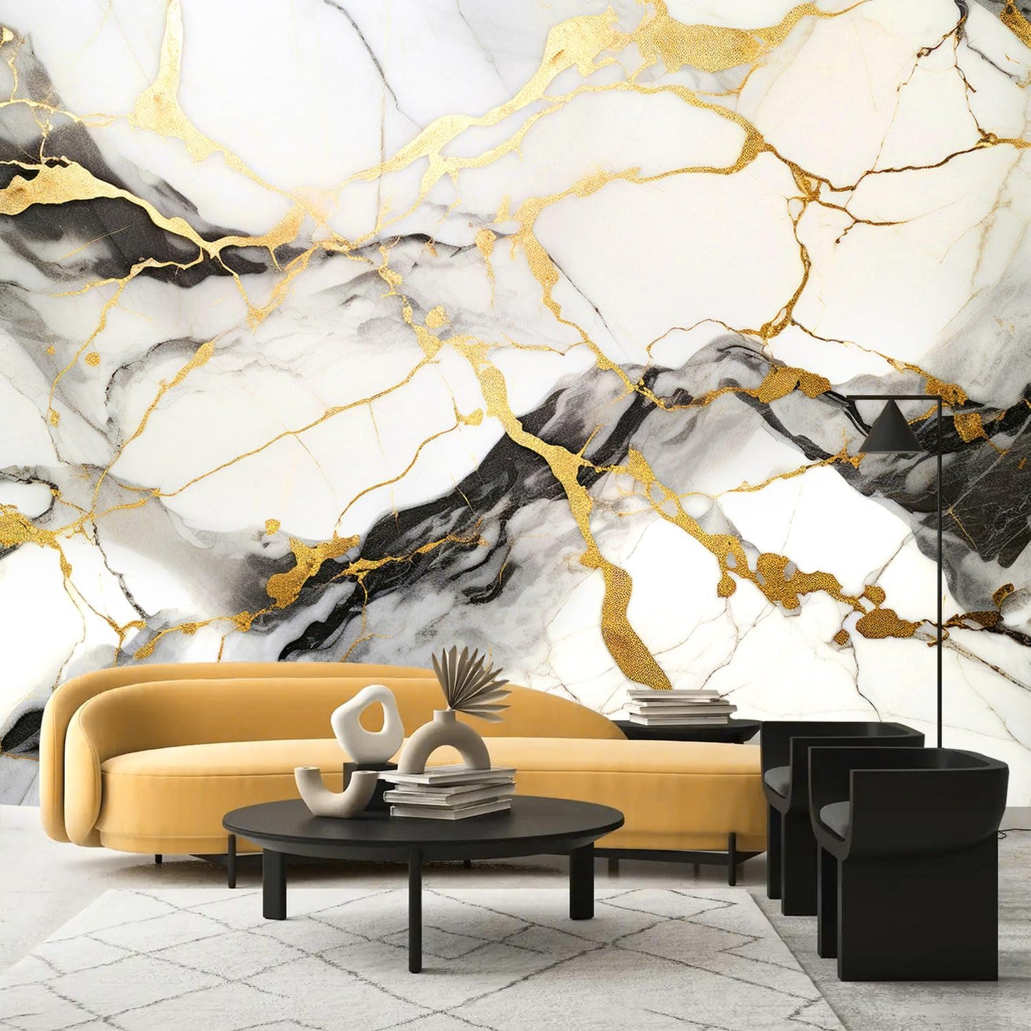 AFZEVEB-Black and Gold Marble Wallpaper Wall murals for Bedroom 159"x107" (Not Peel and Stick)