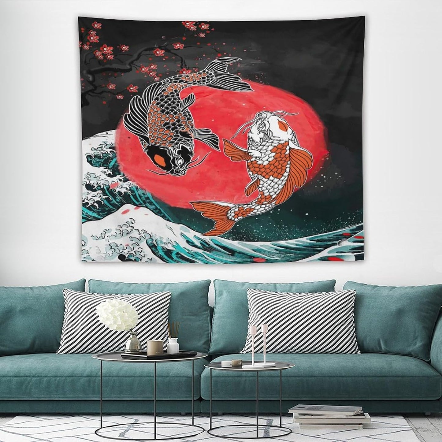 Houselerax Koi Fish Tapestries,Japanese Style Yin Yang Big Wave Cherry Blossoms Tapestry Wall Hanging for Bedroom Living Room Office Decor 60"x50"