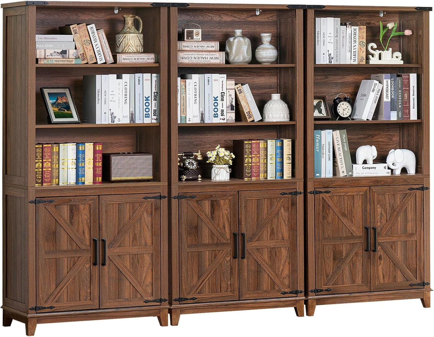 70in Tall Bookshelf 5 Tier Bookcase with Barn Doors and Adjustable Shelves, Brown Farmhouse Book Shelf with Storage Cabinet, Wood Freestanding Display Bookshelves for Bedroom, Kitchen (3PCS)