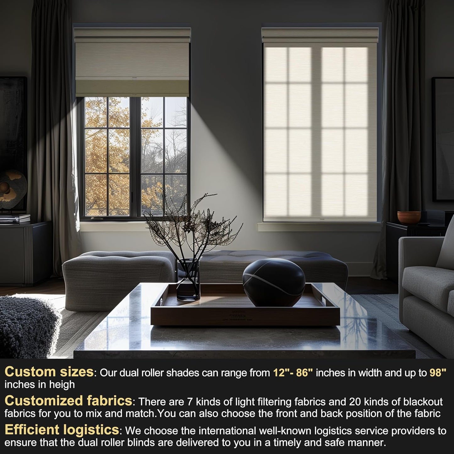 BERISSA Cordless Dual Roller Shades With Cassette Valance, Blackout and Light Filtering, Day and Night for Home Office Door - Striped Jacquard Beige, 72 W x 36" H