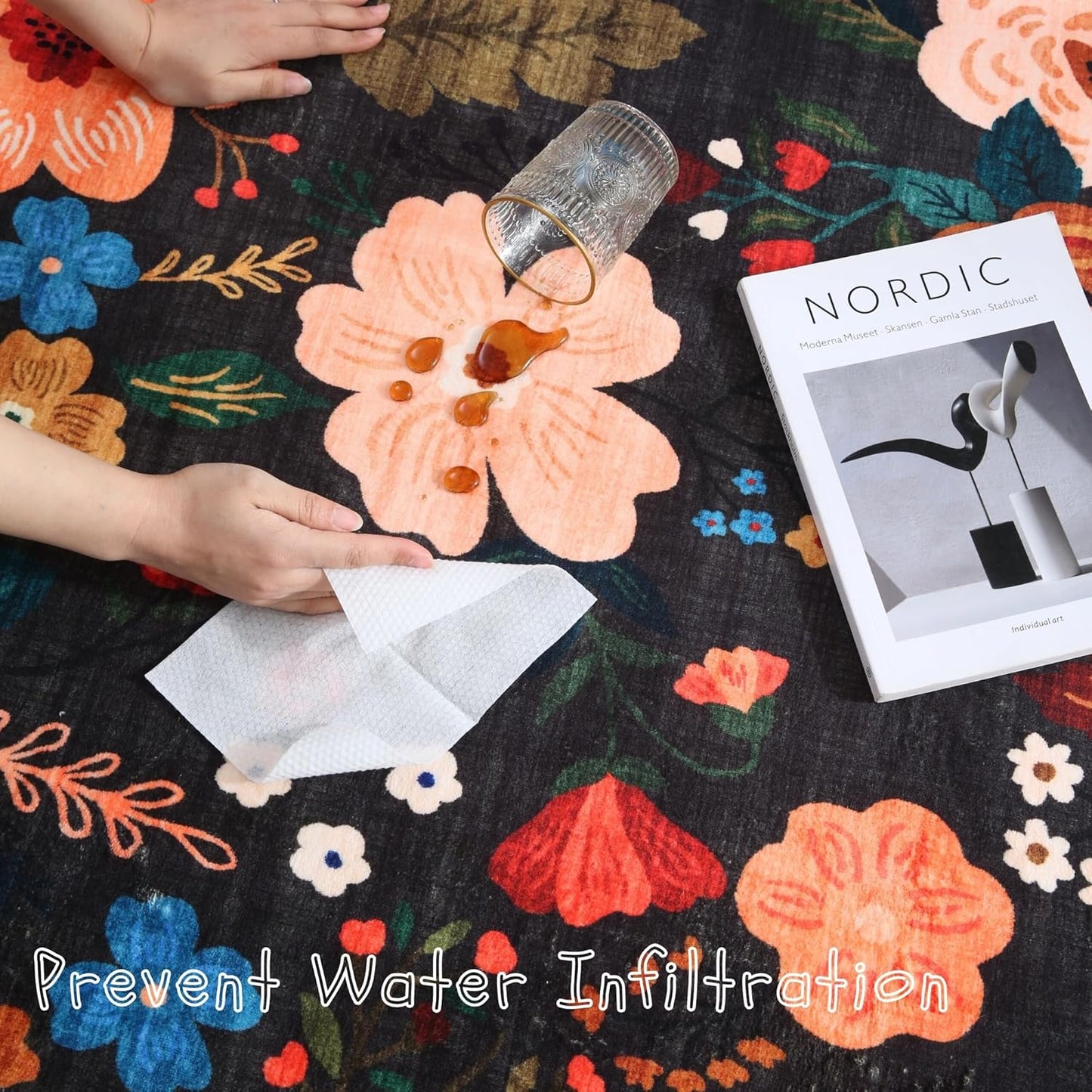 Area Rugs 8x10 Rug for Living Room Clearance Washable Boho Area Rug Non Slip Floral Vintage Low Pile Large Rug for Living Room, Bedroom, Farmhouse, Dining Room, Kids Playroom(Black)