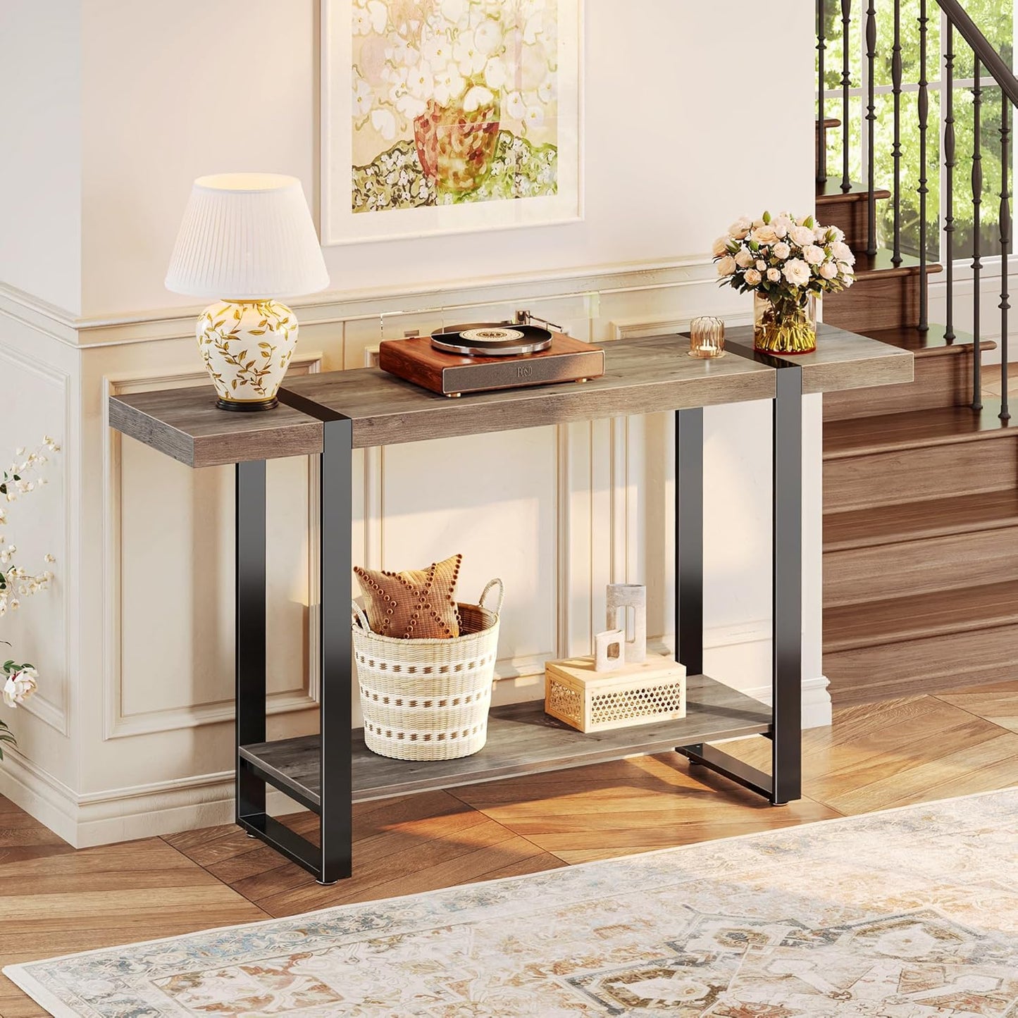 Huuger 47.2 Inch Entryway Table, 2-Tier Industrial Console Sofa Table with Storage, Accent Table, for Entry, Hallway, Entrance, Foyer, T-Shaped Metal Frame, Grey