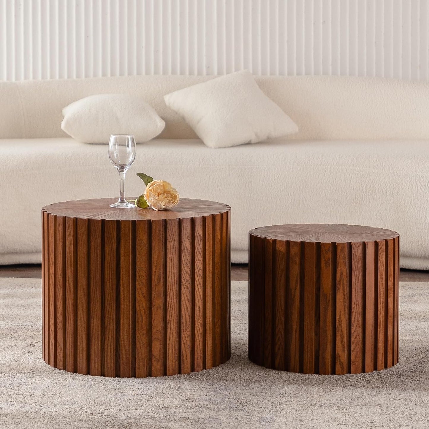 Round Nesting Coffee Table Brown Round Fluted Coffee Table Set of 2 for Living Room Small Circle Drum Nested Coffee Tables (Brown 18in)