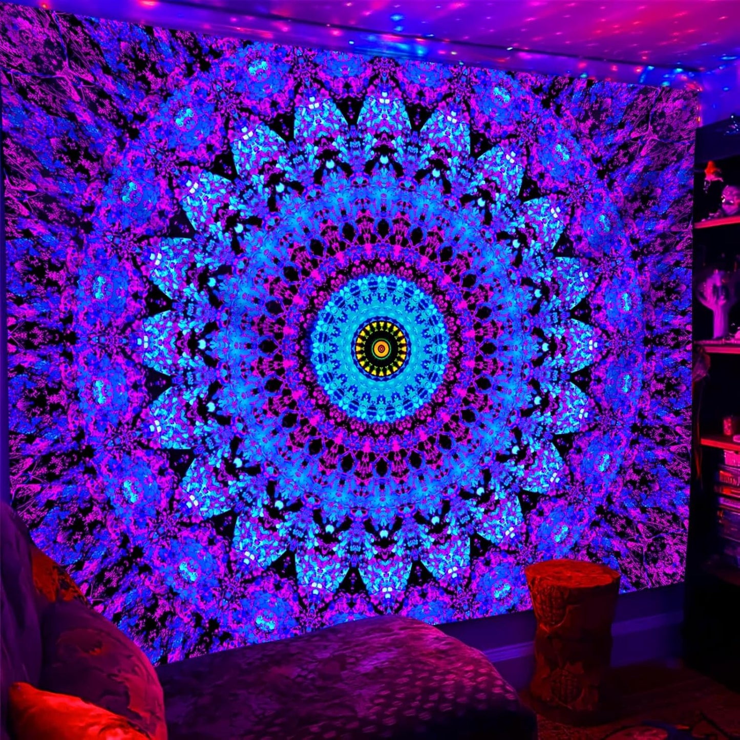 Blacklight Mandala Boho Tapestry, Black Light Bohemian Hippie Poster for Adults and Teens, UV Reactive Aesthetic Wall Art Decor for Bedroom (80 x 60 Inches)