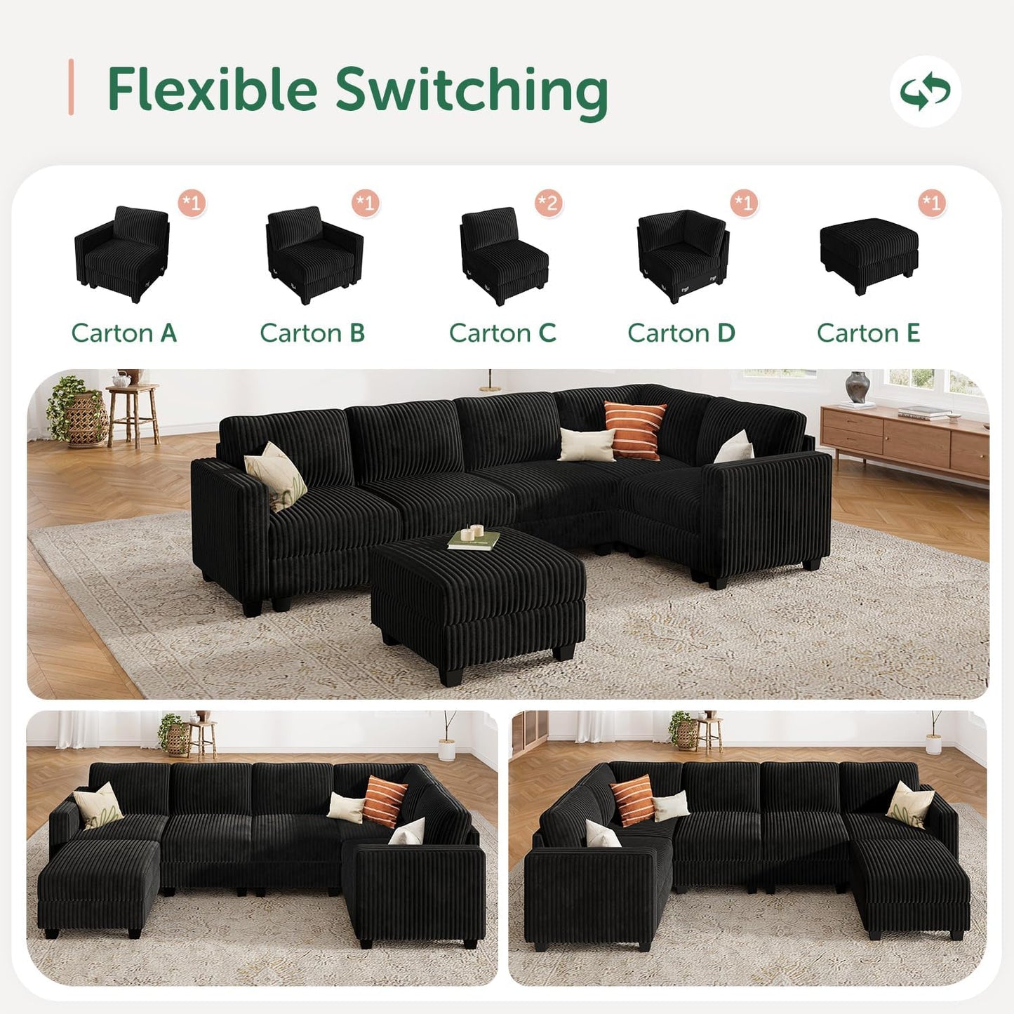 HONBAY Plush Corduroy Sectional Couch with 6 Seaters U-Shaped Modular Sectional Sofa with Storage Sectional Couches for Living Room, Black