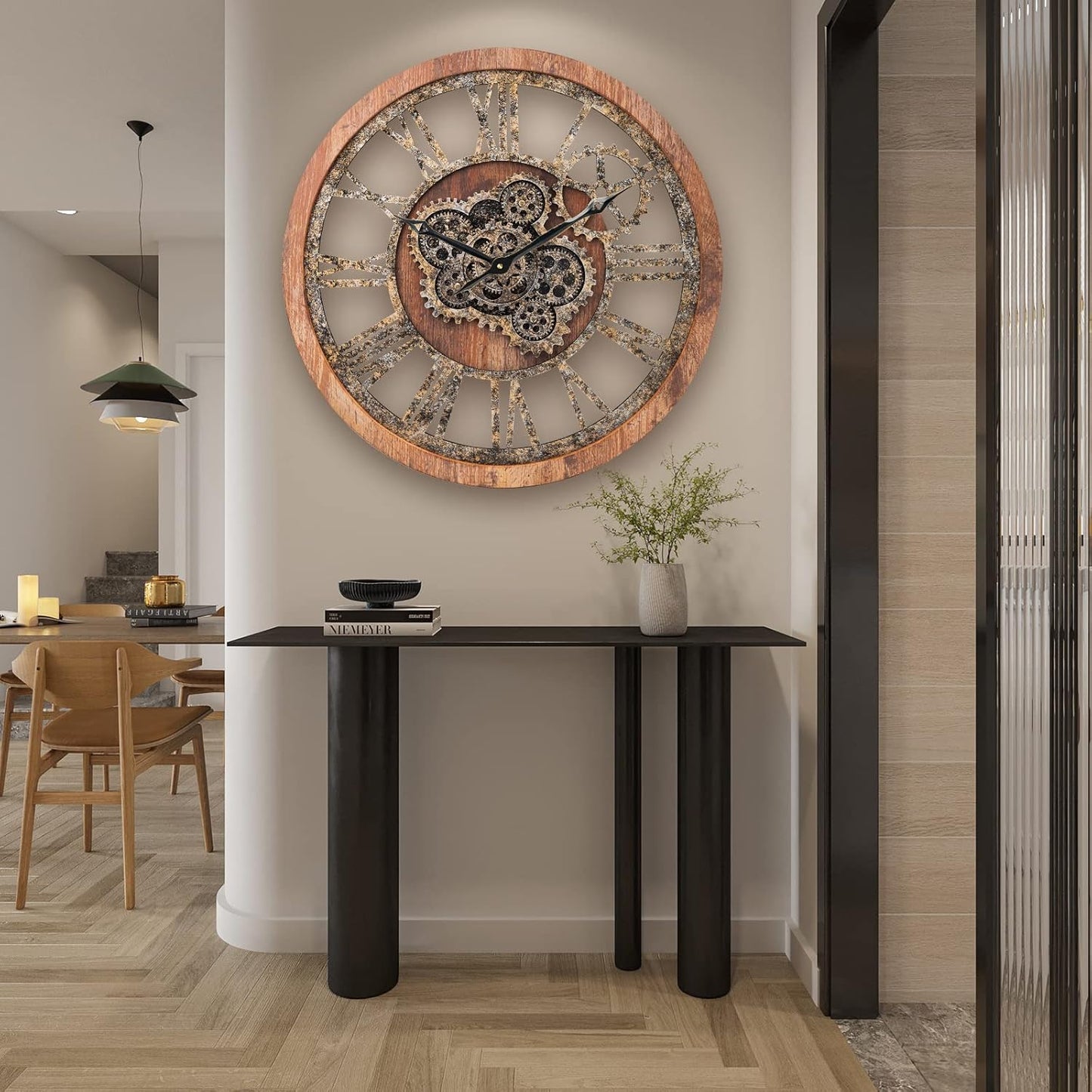 HOIBAI Large Wall Clock 24 Inch Large Clocks for Living Room Decor with Moving Gears Vintage Industrial Steampunk Farmhouse Big Clock for Home Kitchen Bedroom Office