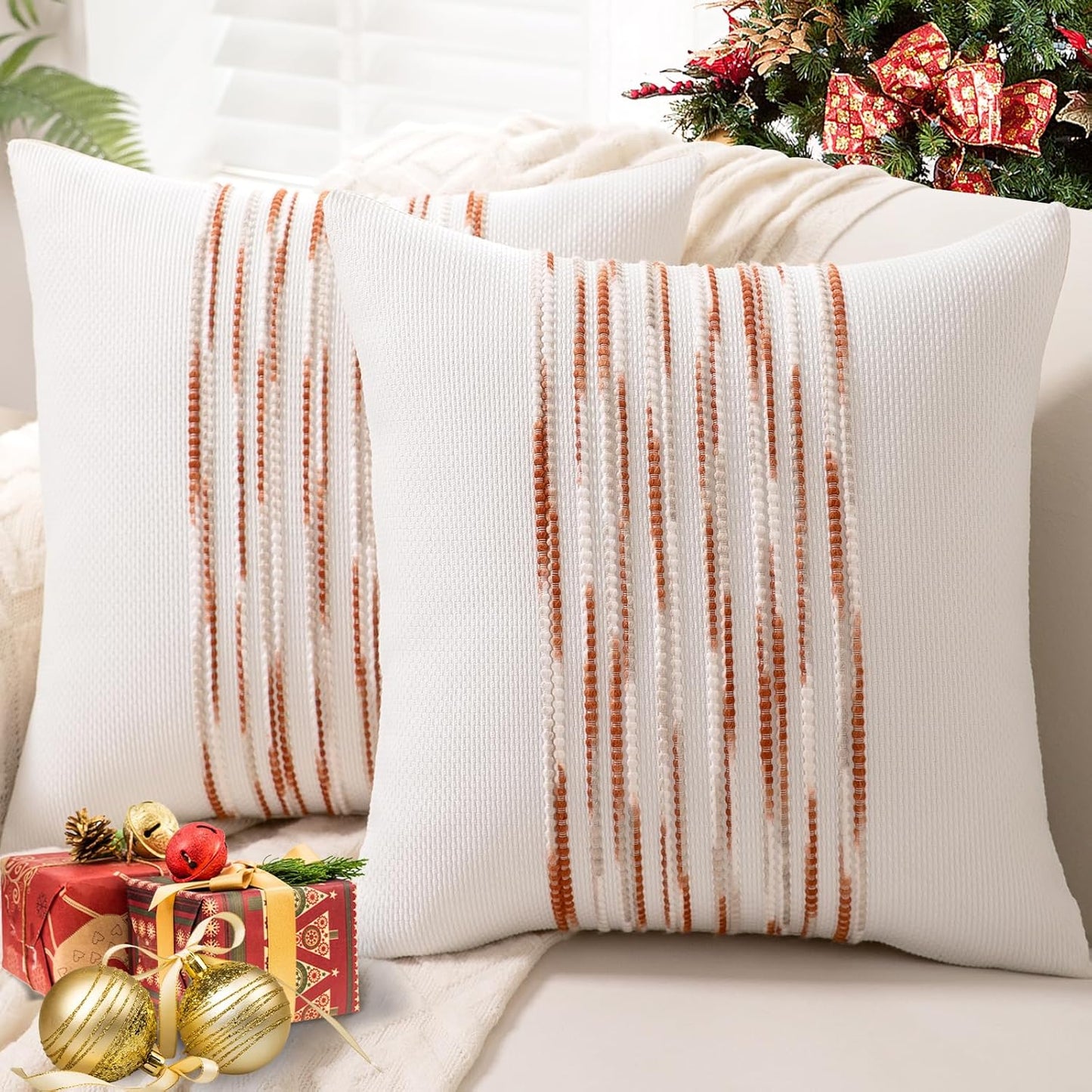 Boho Throw Pillow Covers 18x18 Set of 2 Christmas Decorative Cushion Case Striped Square Pillows Cover Chenille Pillow Cases Accent Neutral Pillowcase for Sofa Couch Bed,White Wine-red