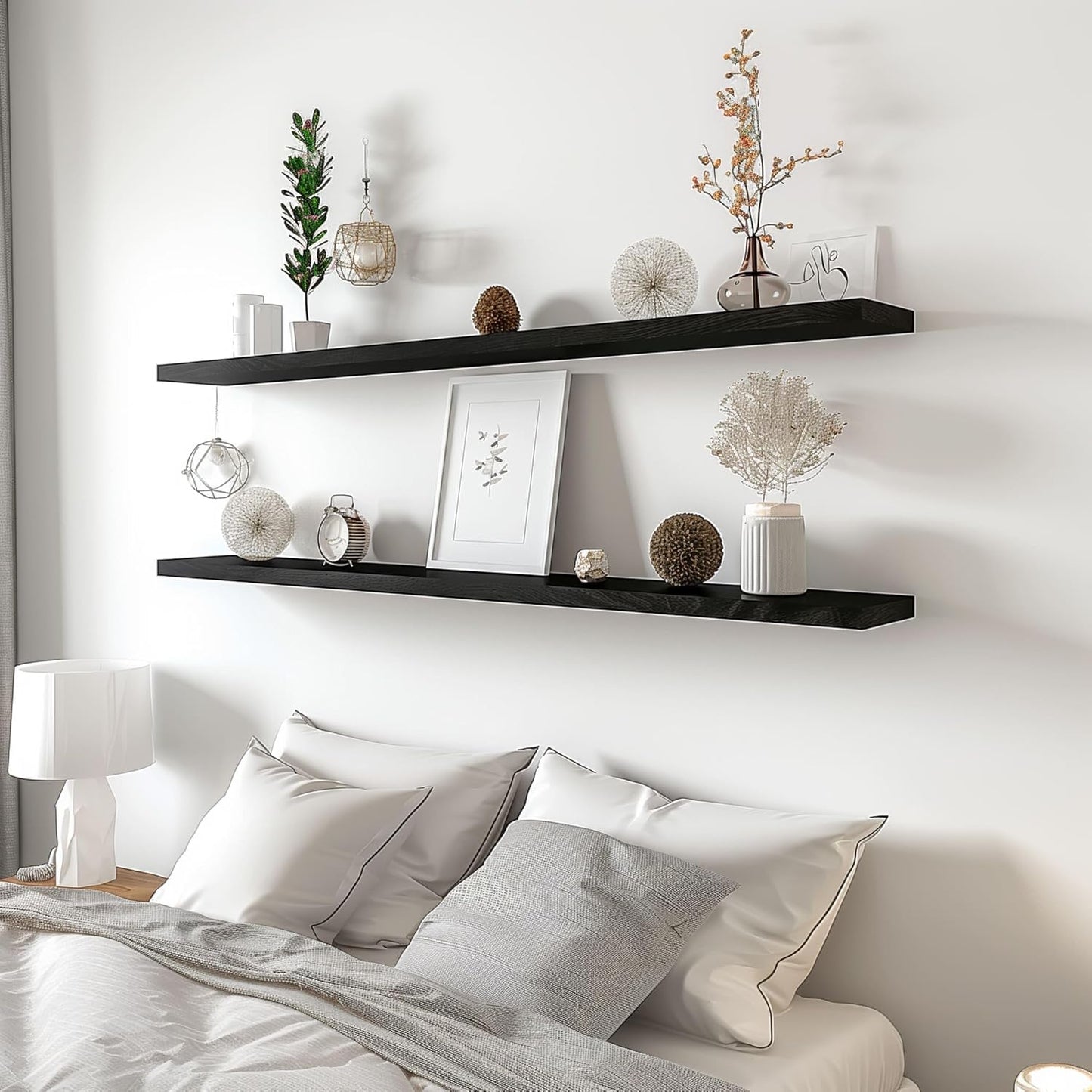 Wood Floating Shelves for Wall Decor, Rustic Wall Shelves for Bedroom Bathroom Kitchen Living Room, Set of 4 Black 48 Inch