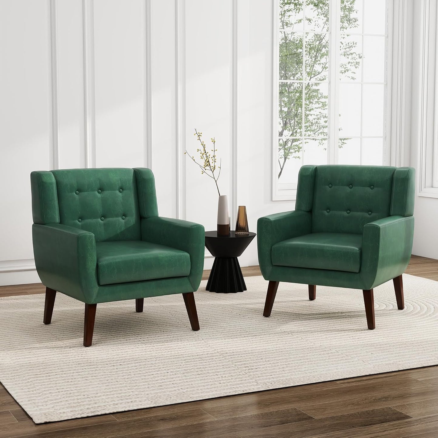 UIXE PU Leather Accent Chairs Set of 2, Modern Arm Club Chair Upholstered Armchair for Living Room, Comfy Single Sofa Seats Button Tufted Reading Seating, Green