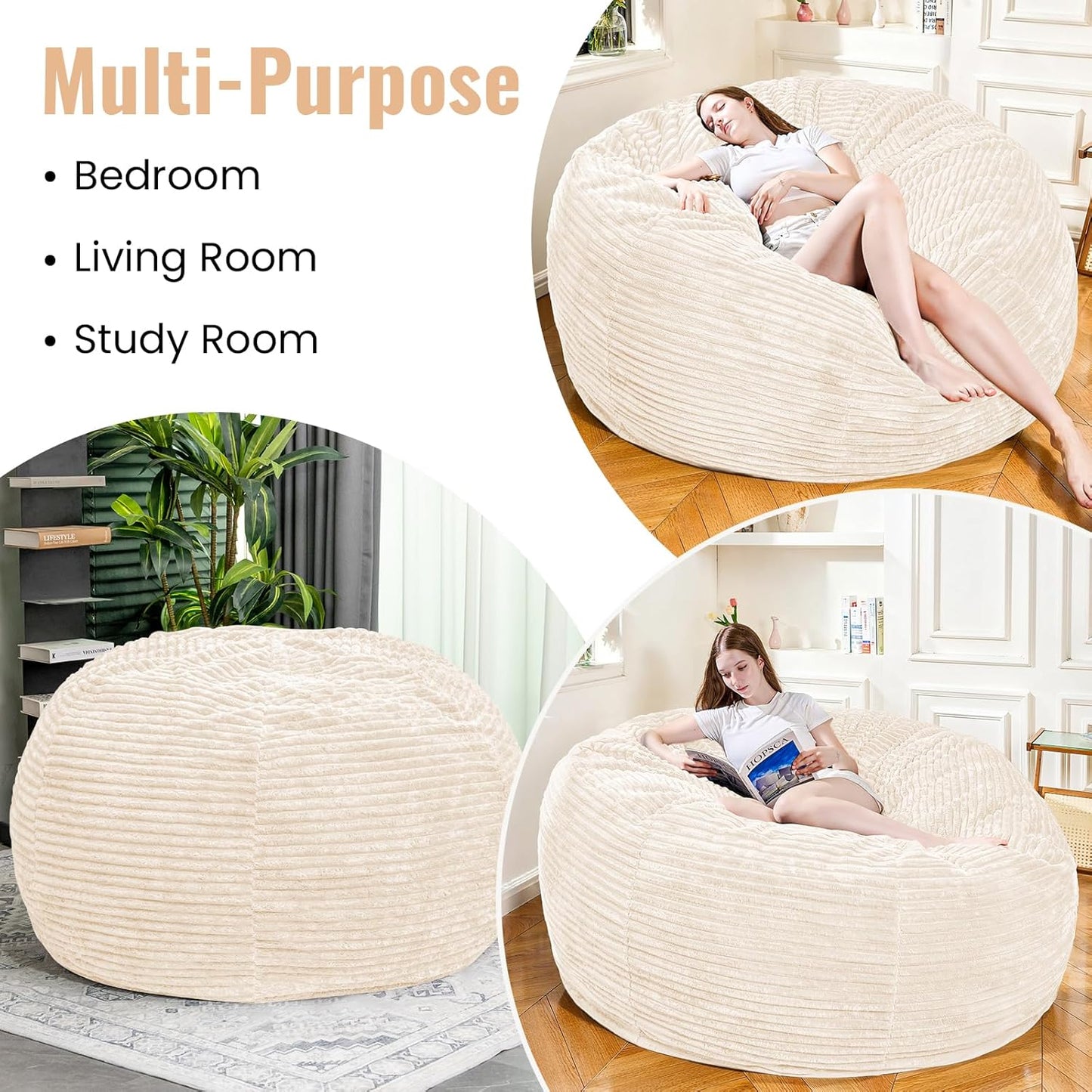 Large Bean Bag Chair, 5FT Giant Beanbag Chairs with Memory Foam Filled, Bean Bag Chairs for Adults, Ultra Soft Lazy Sofa for Living Room Bedroom (White)