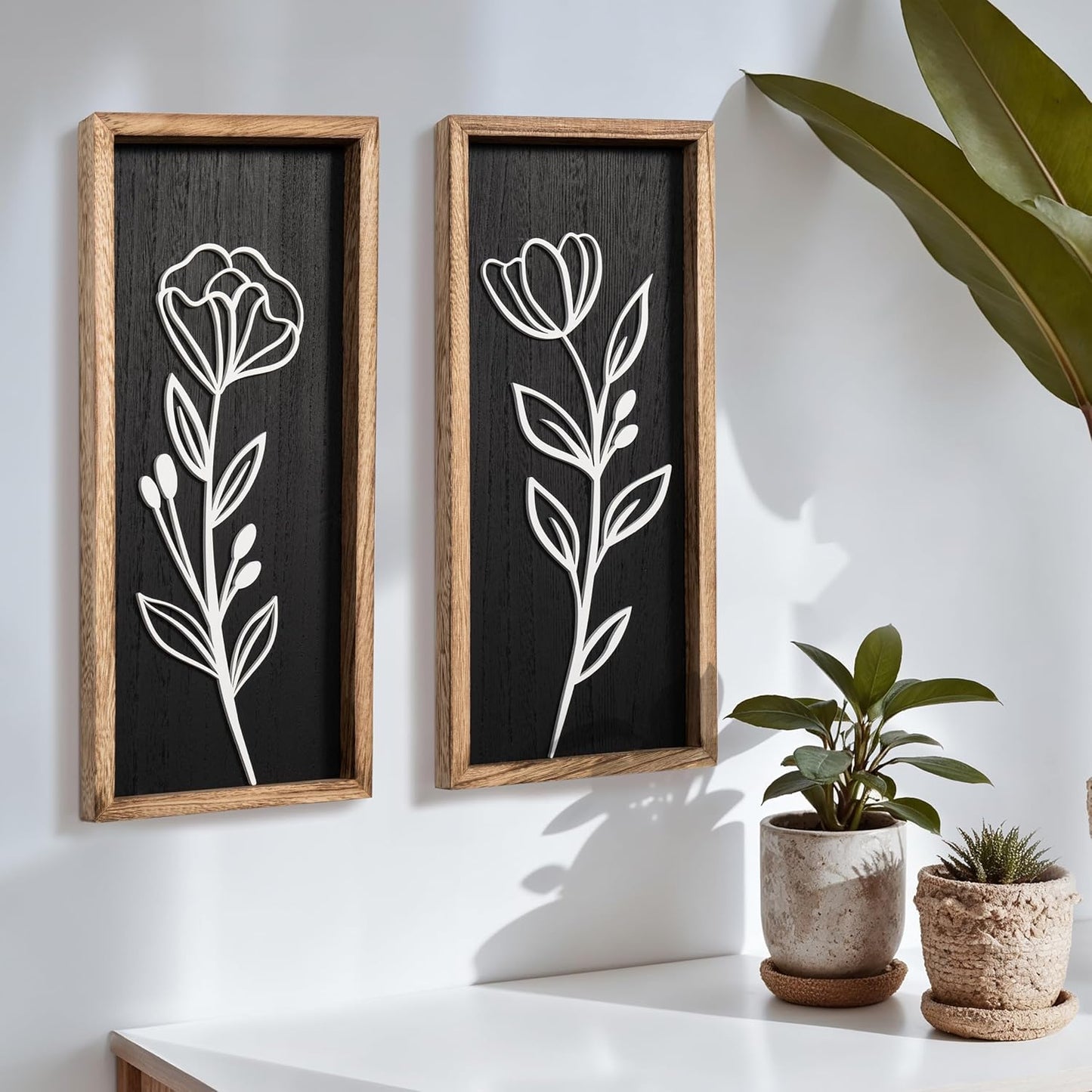 3D Vintage Black Living Room Decor (Set of 2) Lightweight, Wooden Ready-to-Hang Framed Moody Floral Wall Art for Bathroom, Bedroom or Office - Dark Textured Boho Farmhouse Wall Decor - Gift-Boxed