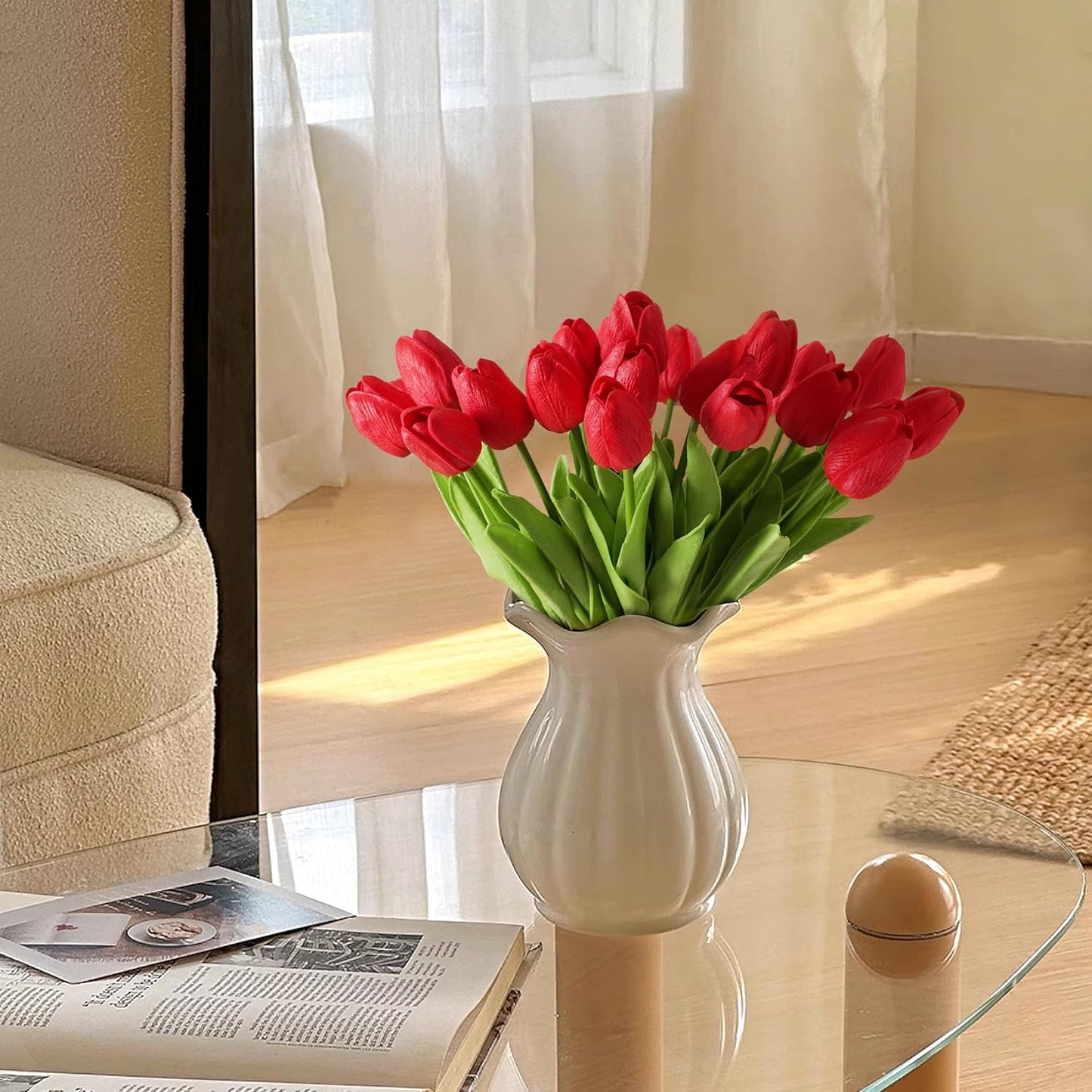 20pcs Red Artificial Tulip Fake Flower 12.9 Inch Spring Mother's Day Easter Gift for Home Kitchen Wedding Decoration