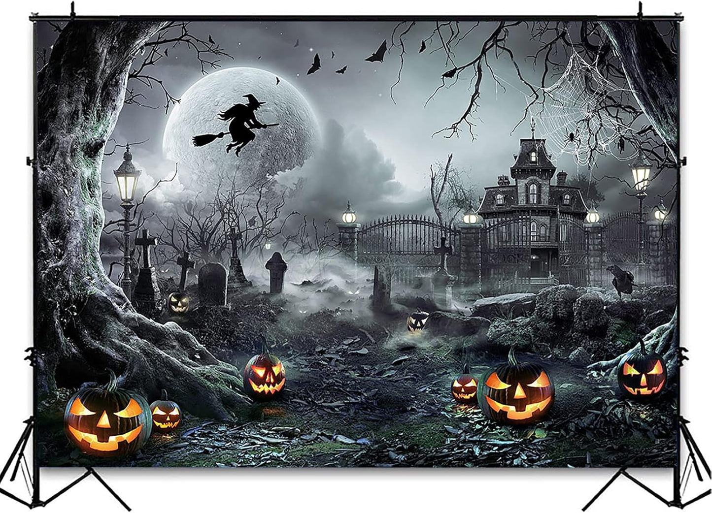 Avezano Halloween Photography Backdrop Full Moon Scary Night Castle Pumpkins Party Background Spooky Witch Bats Cemetery Child Kids Halloween Party Decorations Photoshoot Backdrops (8x6ft, Gray)