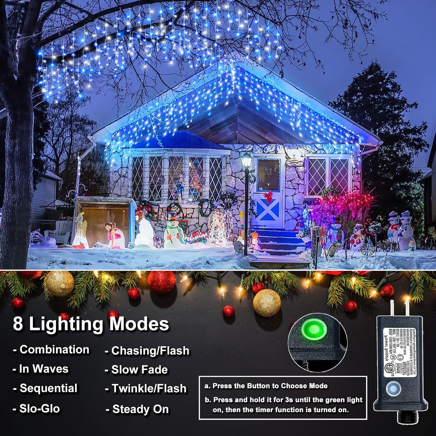 Icicle Lights for Outside, 33FT 400 LED Christmas Lights Outdoor with Waterproof 8 Modes, Plug in Connectable String Twinkle Light for Indoor Home Roof Window Garden Wedding Decorations, Blue White