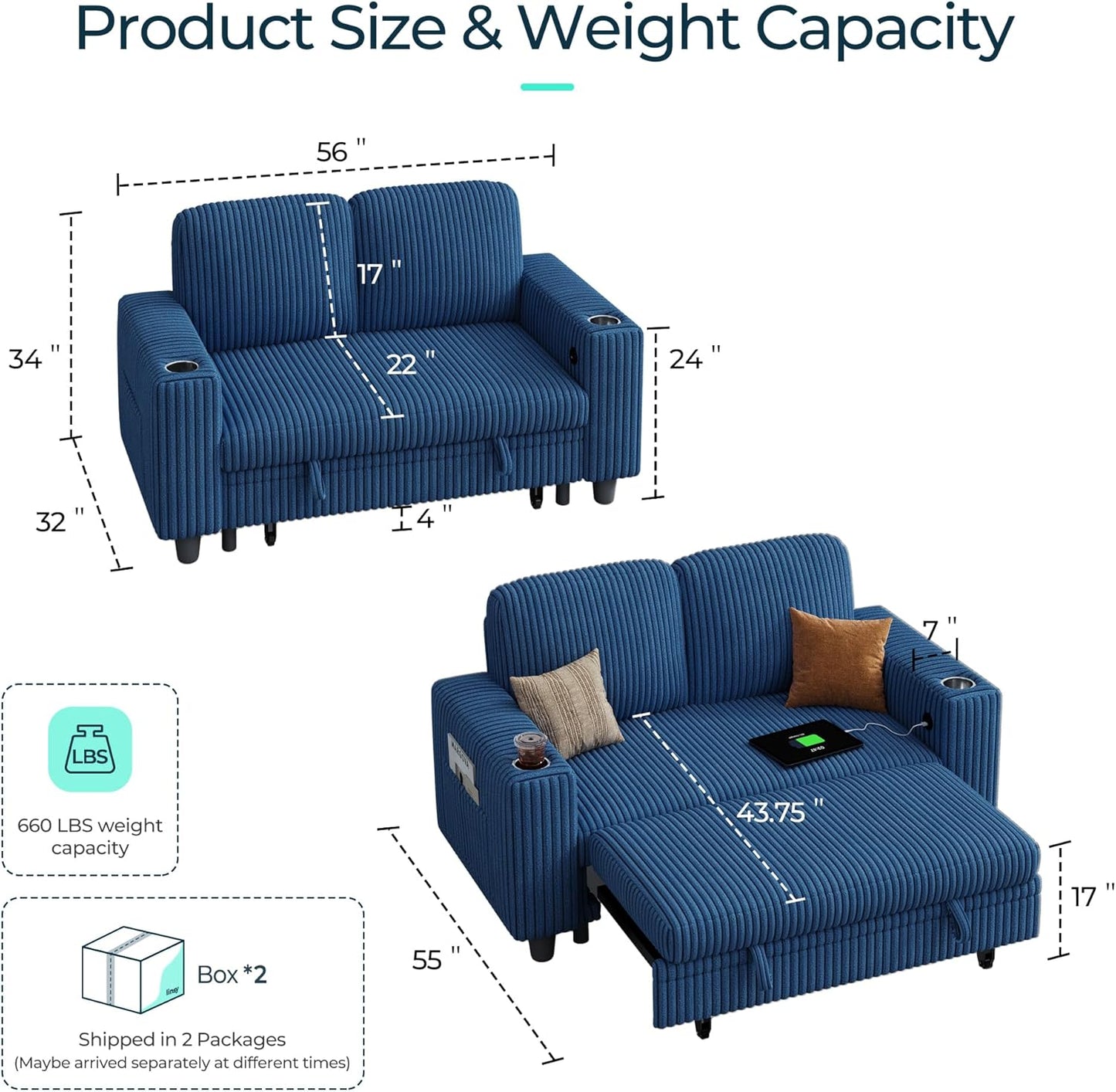 LINSY HOME Loveseat Sofa with Pull Out Couch Chaise: 2-in-1 Convertible 2 Seater Sofa with USB Charging & Cup Holders, Comfy Plush Corduroy Love Seat for Small Spaces Living Room Apartment, Blue