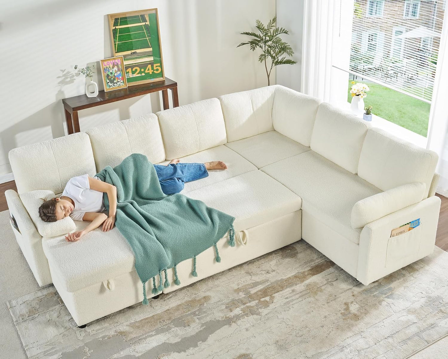 VanAcc Pull Out Sofa, 112 Inch Oversized U Shape Sleeper Sofa Couch with Storage Chaise & 3 Seater, Comfy Couch with Pull Out Bed for Living Room, White Boucle