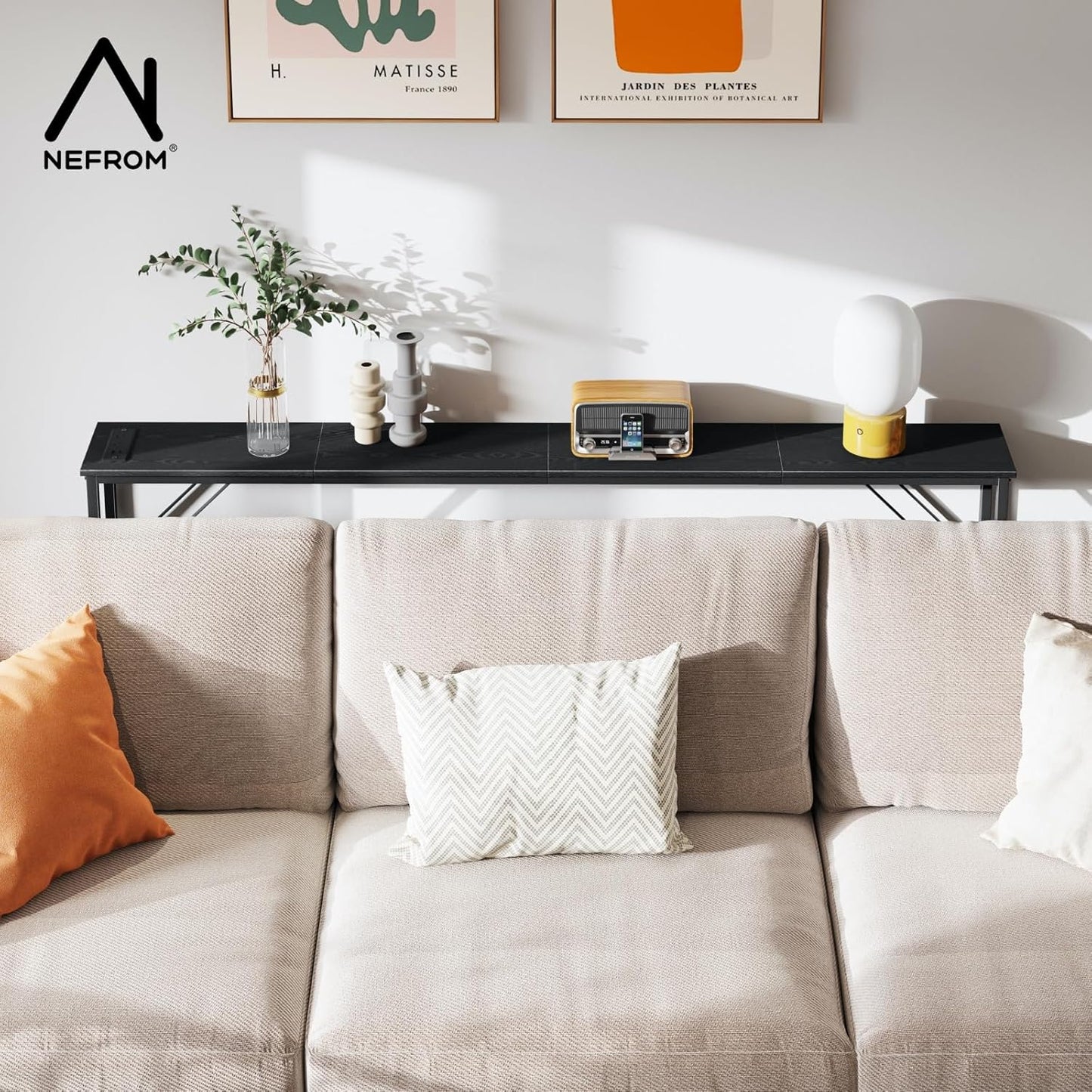 63'' Console Table, Skinny Entryway Table with Fast-Charging Station, Narrow Long Sofa Table, Behind Slim Couch Table for Entrance, Hallway, Living Room Decor ST-BK160-1