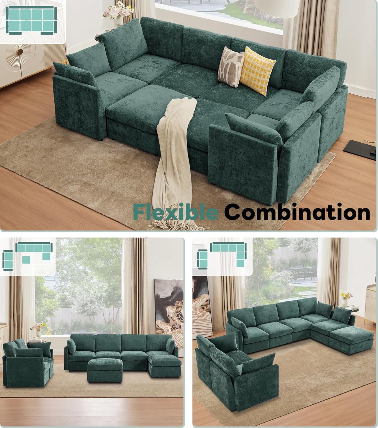 Tbfit U Shaped Couch 8 Seat, Sectional Sofa for Living Room,Chenille Cloud Couch with Ottoman, Green