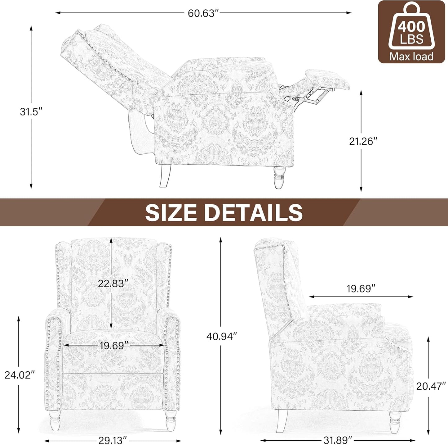 UIXE Floral Pushback Recliner Chairs Set of 2, Fabric Upholstered Armchair Push Back Accent Chair for Living Room, Rivet Trim Club Chair Home Theater Single Sofa Reading Seat - Navy Blue