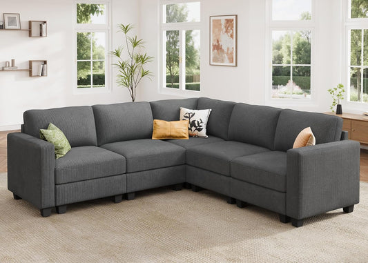 HONBAY Corduroy Modular Sectional Sofa with 5 Seaters, Sectional Corner Sofa with Chaise, L Shape Couches for Living Room, Dark Gray