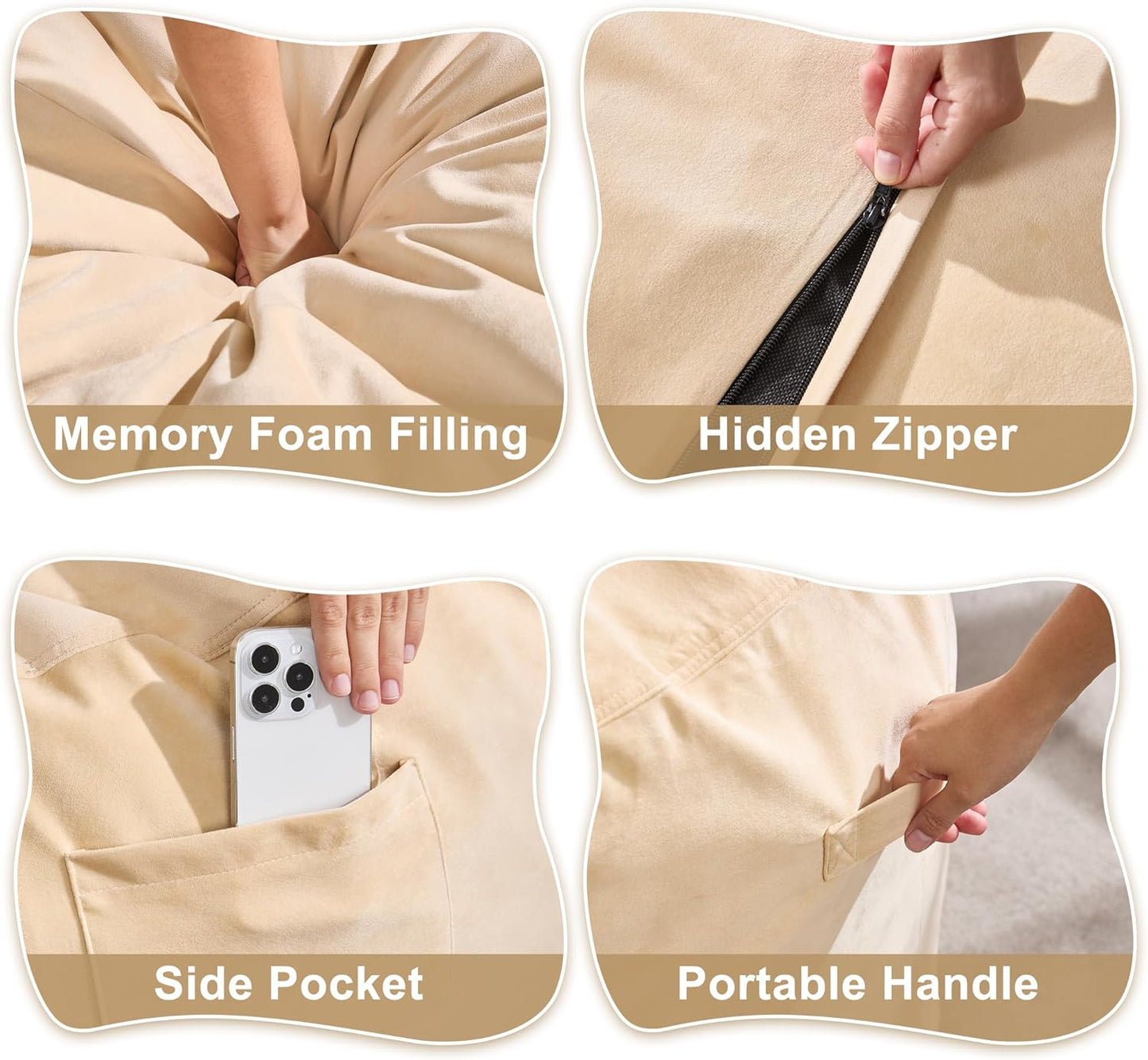 Hobestluk 6FT Bean Bag Chair Bean Bag Chairs for Adults Giant Bean Chairs with Velvet Cover, Memory Foam BeanBag Chair Fluffy BeanBag Chairs for Living Room, Bedroom- Khaki (70" x 70" x 15")