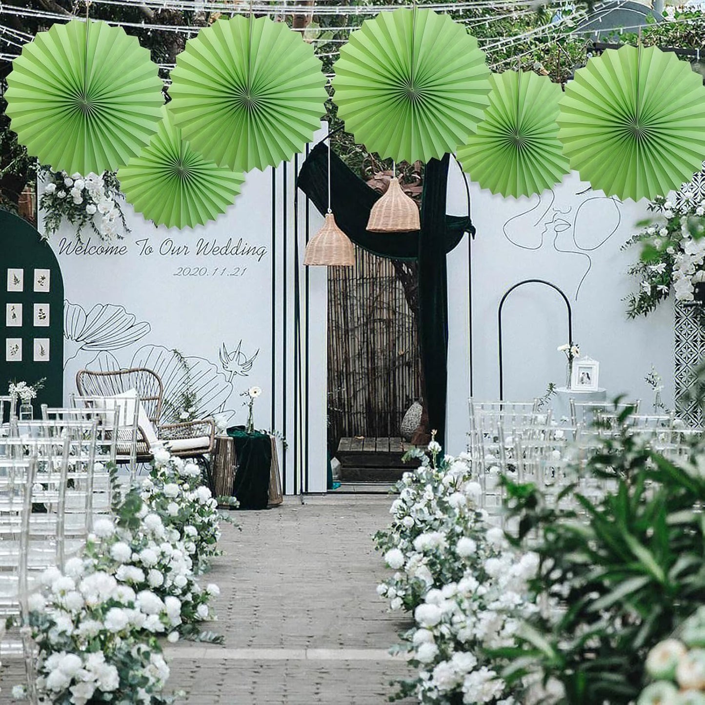 Green Hanging Paper Fans,Green Accessories Paper Decorations for Party,Army Birthday Party Decorations,Lime Green Decor 16in Hanging Paper Fans 30 Color DIY Set （Light Green）)