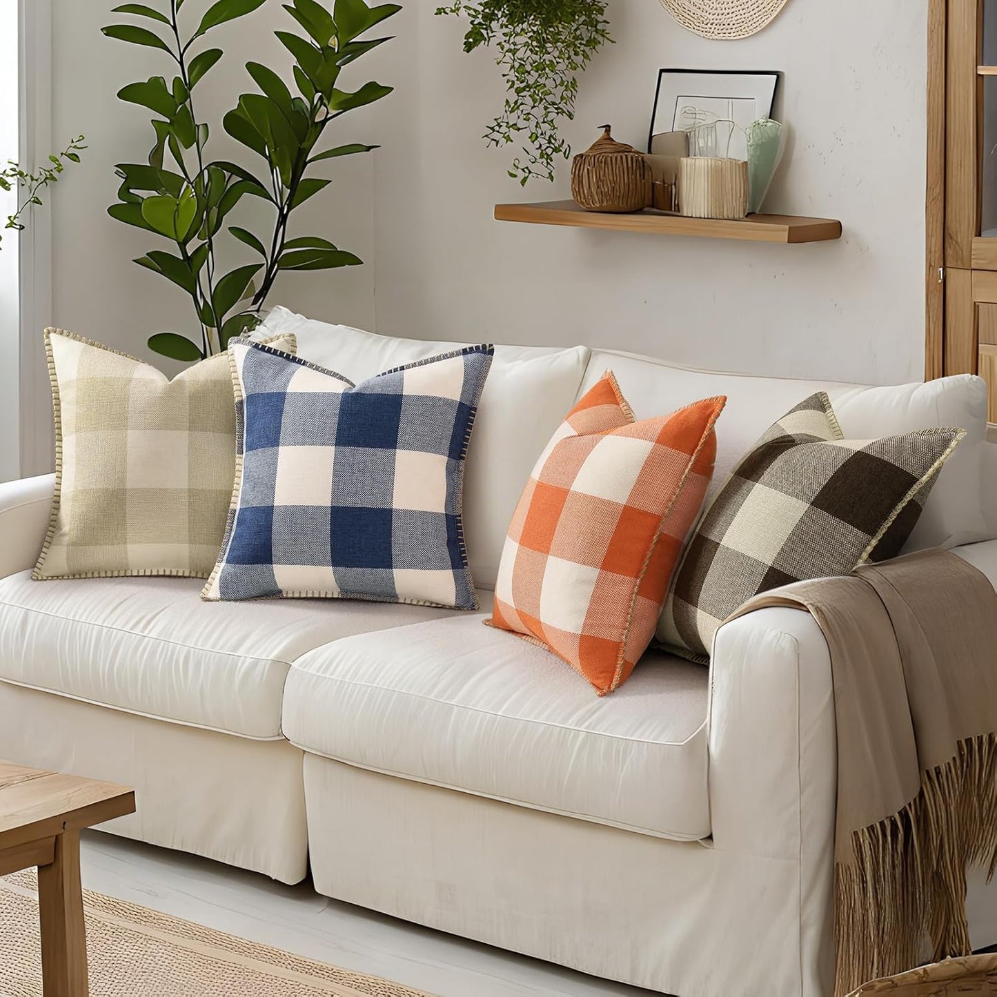 decorUhome Buffalo Plaid Check Throw Pillow Covers 24x24 Set of 2, Outdoor Decorative Farmhouse Neutral Pillow Covers with Stitched Edge for Bed Couch Sofa, Navy Blue and White