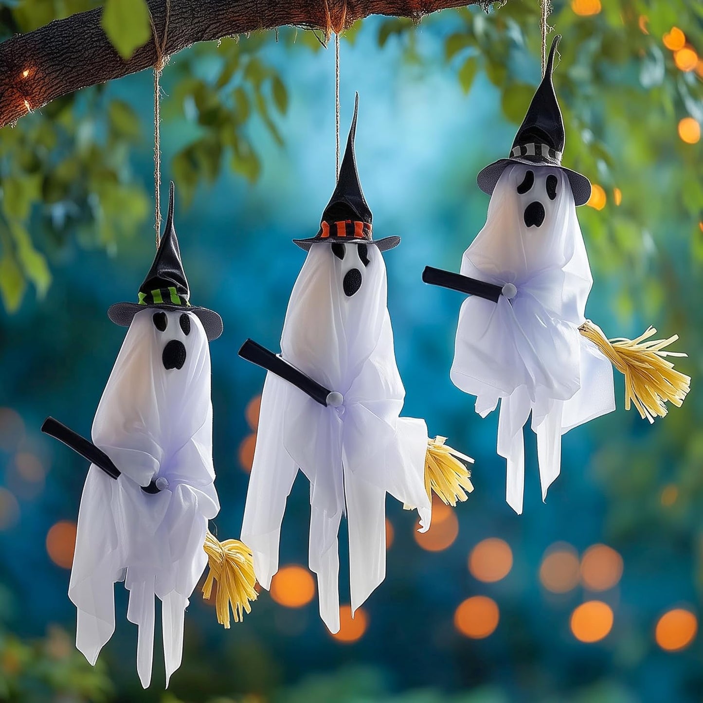 Hourleey Halloween Hanging Ghosts Decorations, 3 Pack 23" Cute Flying White Ghost with Broom, Halloween Decor Outdoor for Front Yard Patio Lawn Garden Party Porch