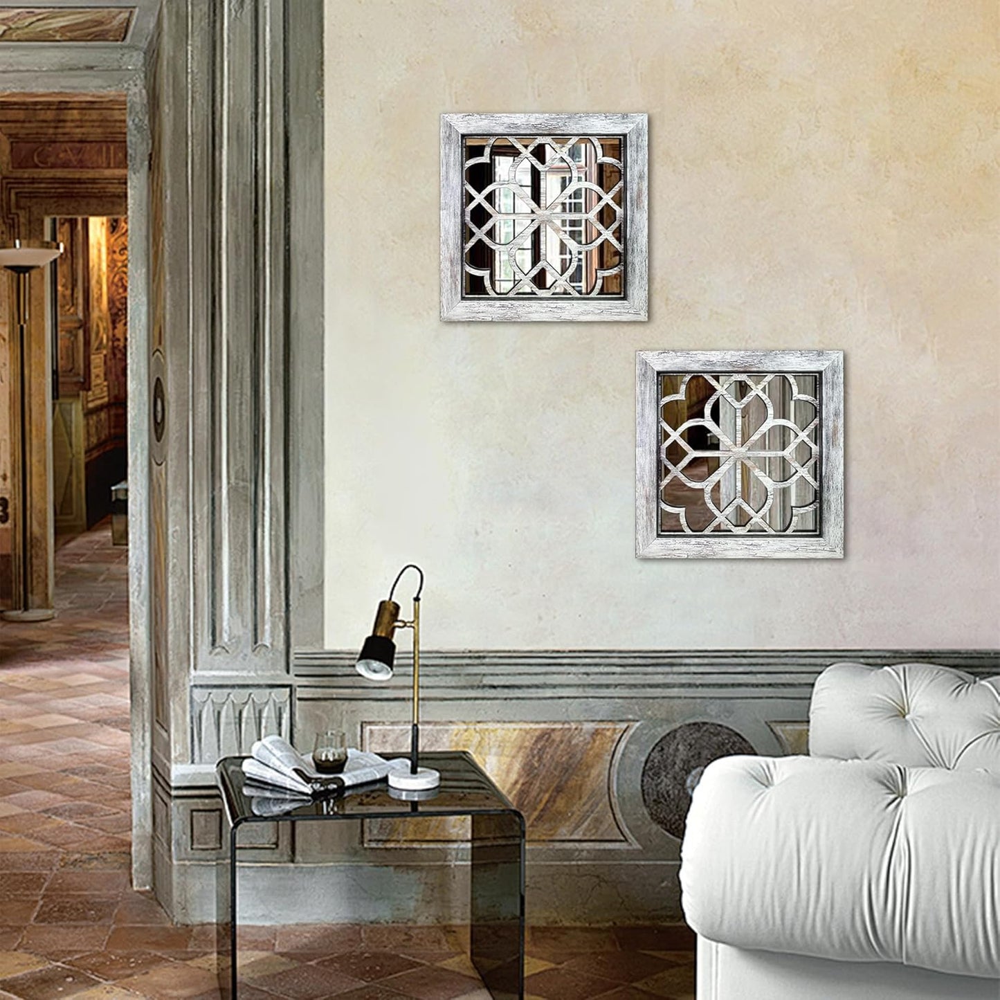 Boho Square Wall Mirrors Set of 2-12" x12'Decorative Mirrors for Wall Decor, BrownHandcrafted Mirror Panels Perfect for LivingRoom Bedroom Entryway Hallway (Grey)